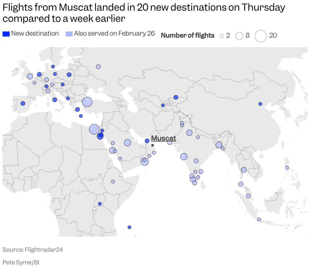 A map of the world showing the destinations of flights that departed Muscat on March 5, compared to those a week earlier.