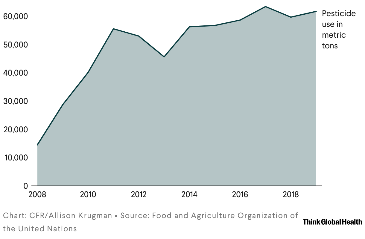 Chart showing an increase in pesticide use in India from 2008 to 2019.