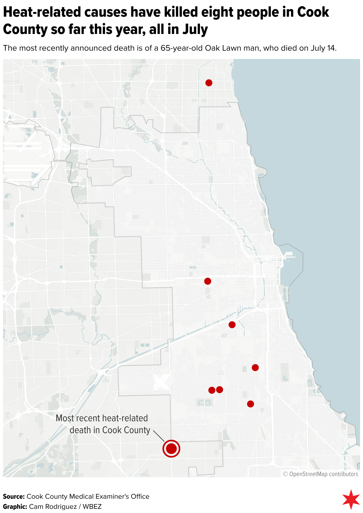 Heat-related causes have killed eight people in Cook County so far this year, all in July (Locator map)