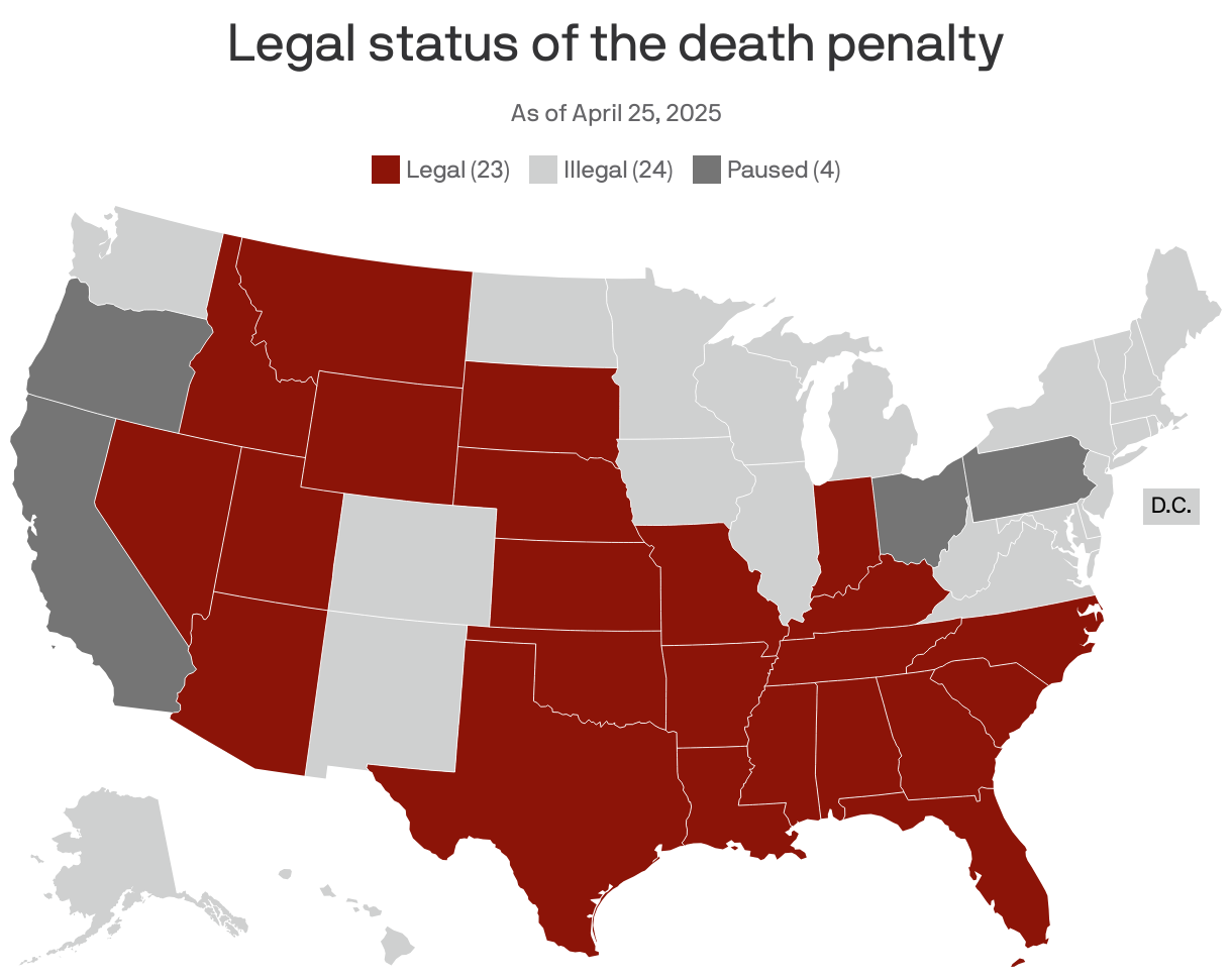 Map showing the legal status of the death penalty. The death penalty is legal in 23 states, illegal in 24 states and is paused in 4 states.