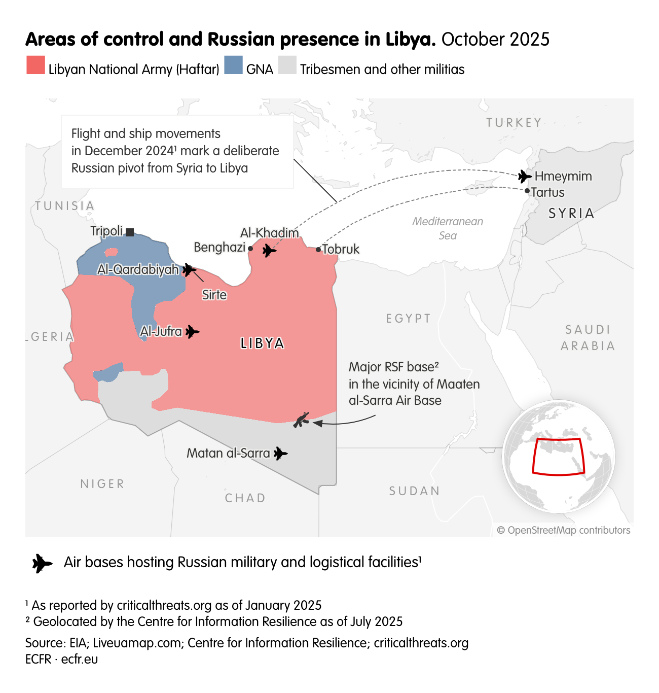 Areas of control and Russian presence in Libya.