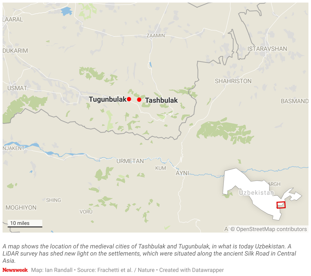 El mapa muestra la ubicación de las ciudades medievales de Tashbulok y Tugunbulok en el territorio de la actual Uzbekistán.