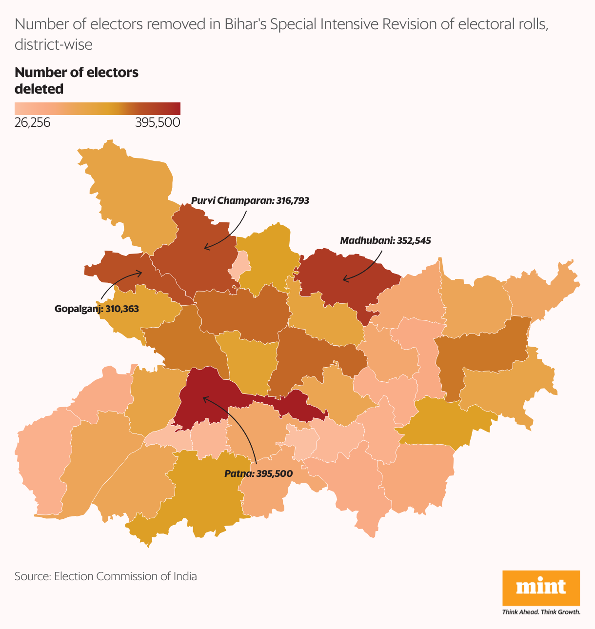 A district-wise map of Bihar showing the number of voters removed so far from the electoral roll during the revision ahead of this year's state elections.