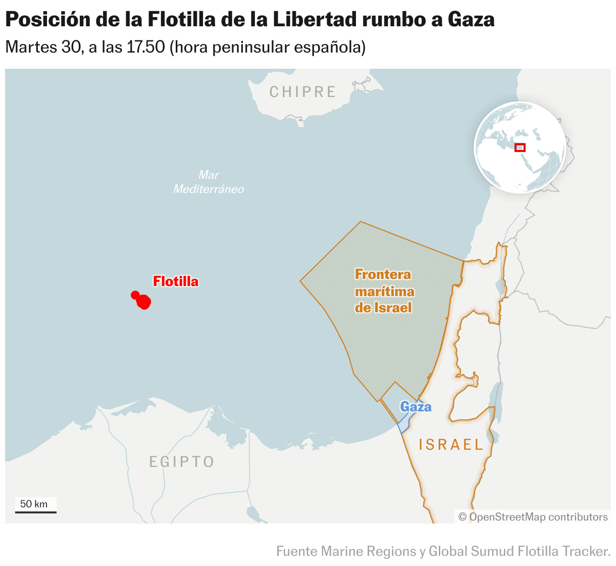 Posición actual de la Flotilla de la Libertad rumbo a Gaza (Mapas de ubicación)