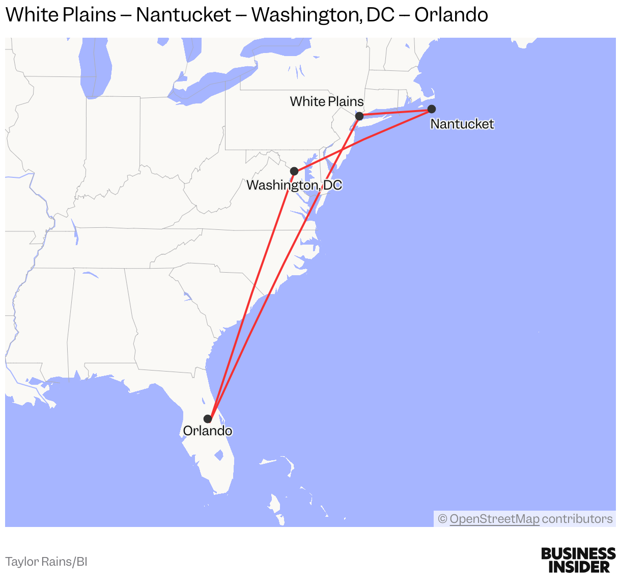 The map shows the flight route from white plains to nantucket to DC to orlando.