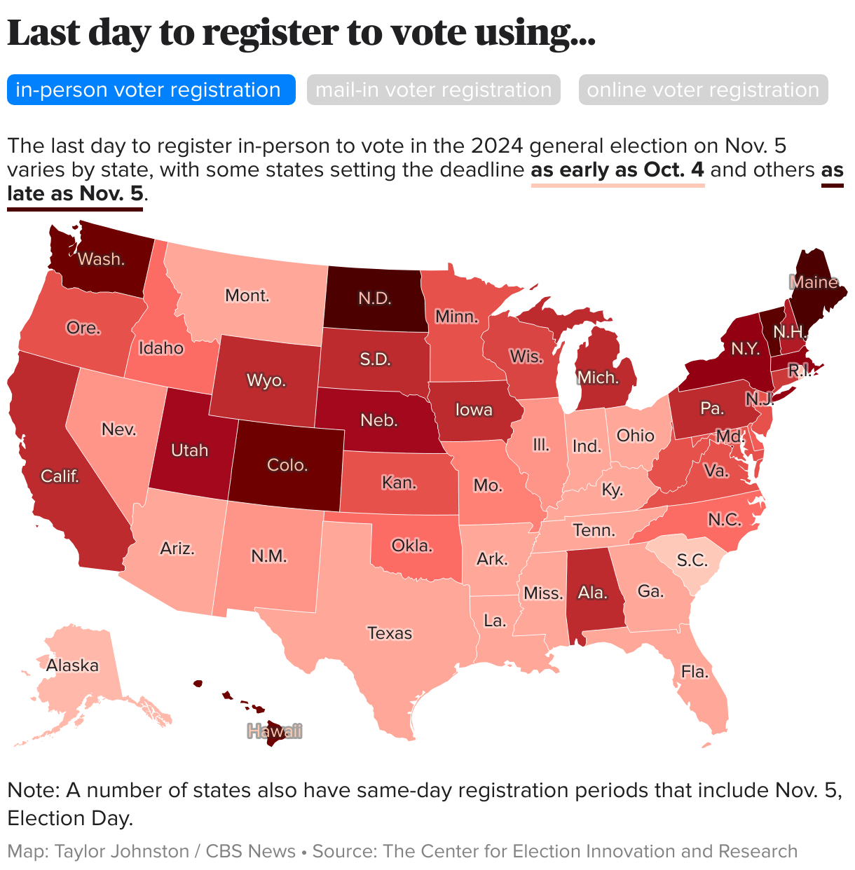 U.S. map showing the last day to register in-person for the 2024 general election by state.