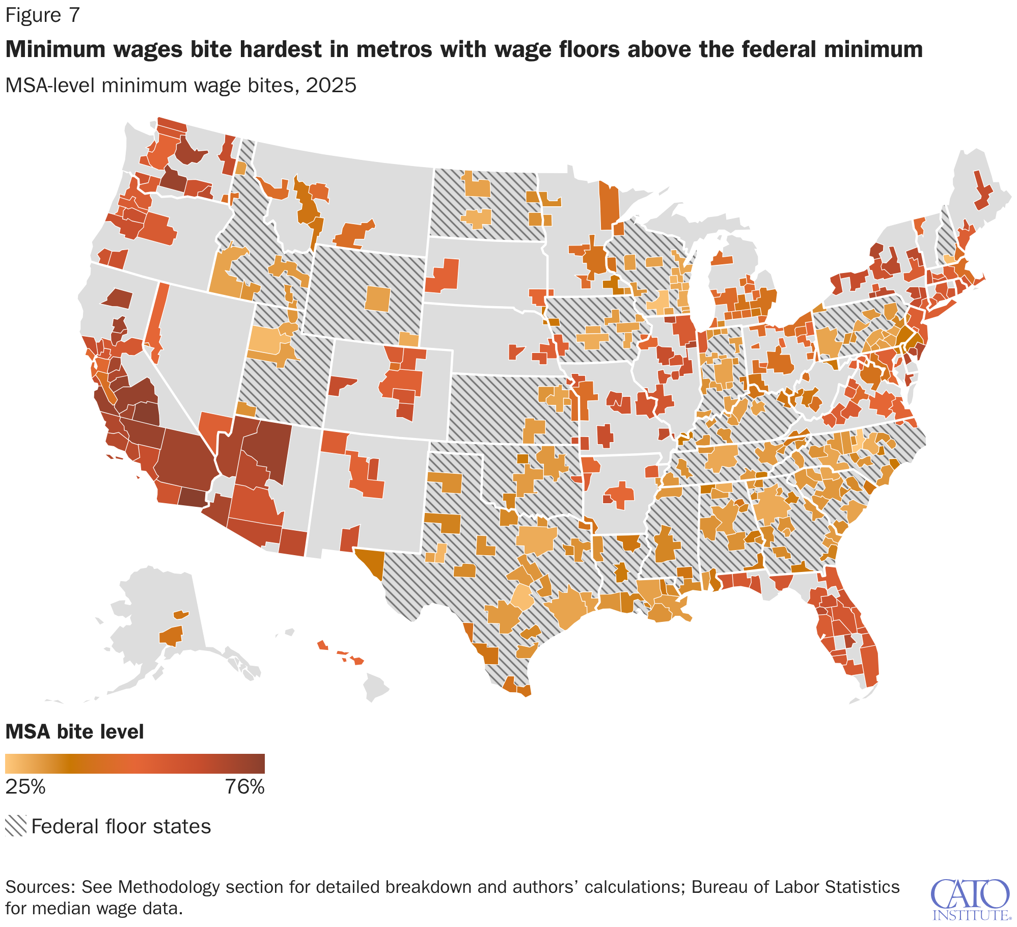 Minimum wages bite hardest in metros with wage floors above the federal minimum