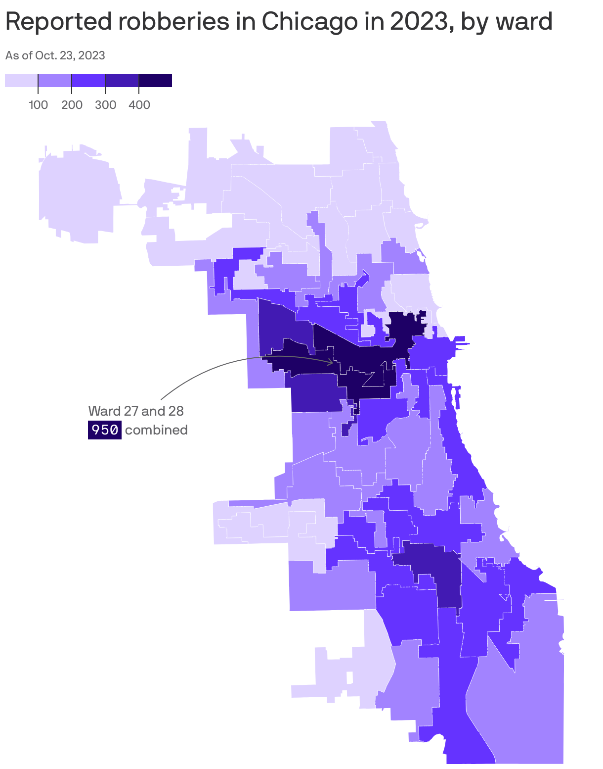 Reported robberies in Chicago in 2023, by ward