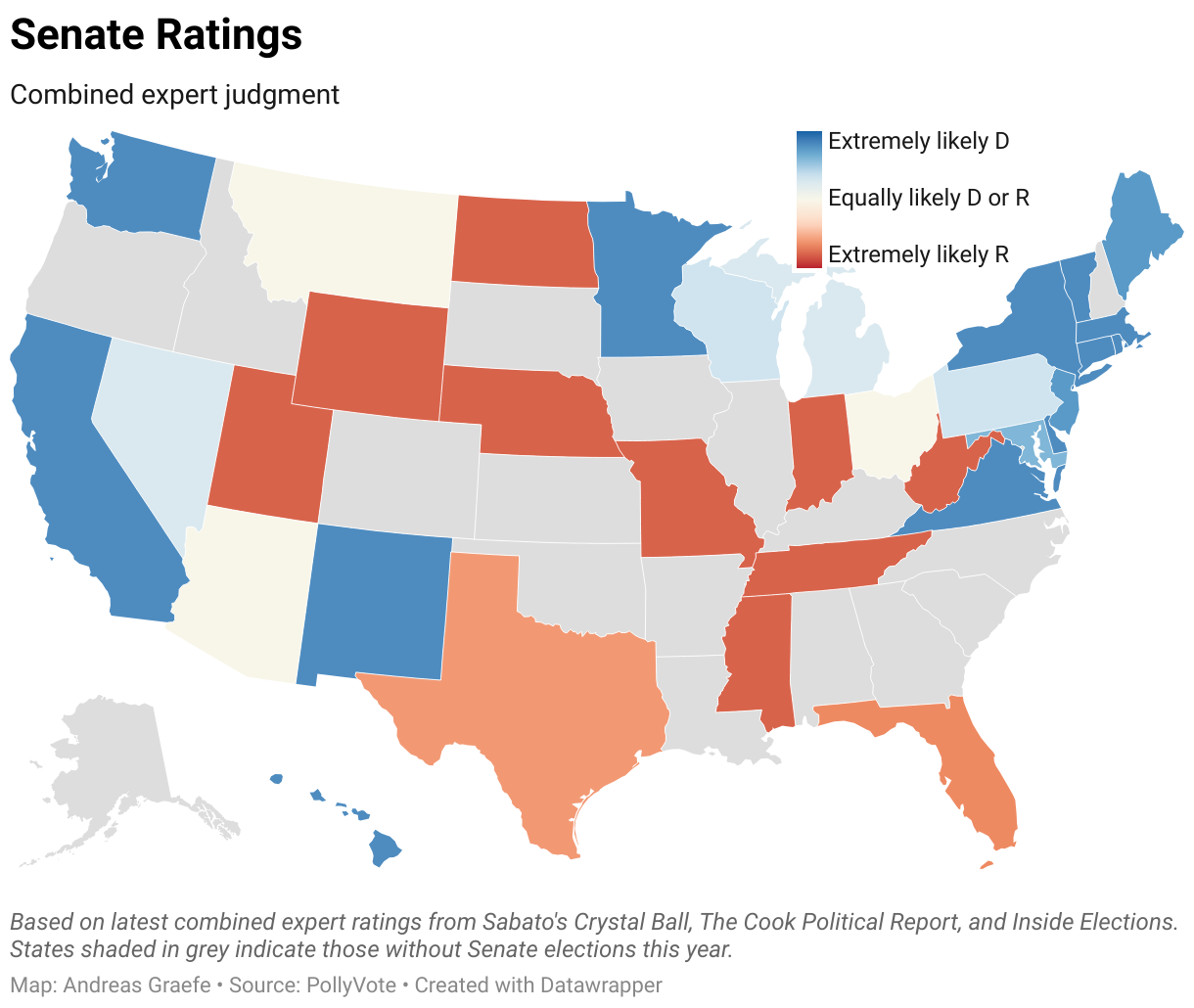 Map based on latest combined expert ratings from Sabato's Crystal Ball, The Cook Political Report, and Inside Elections.