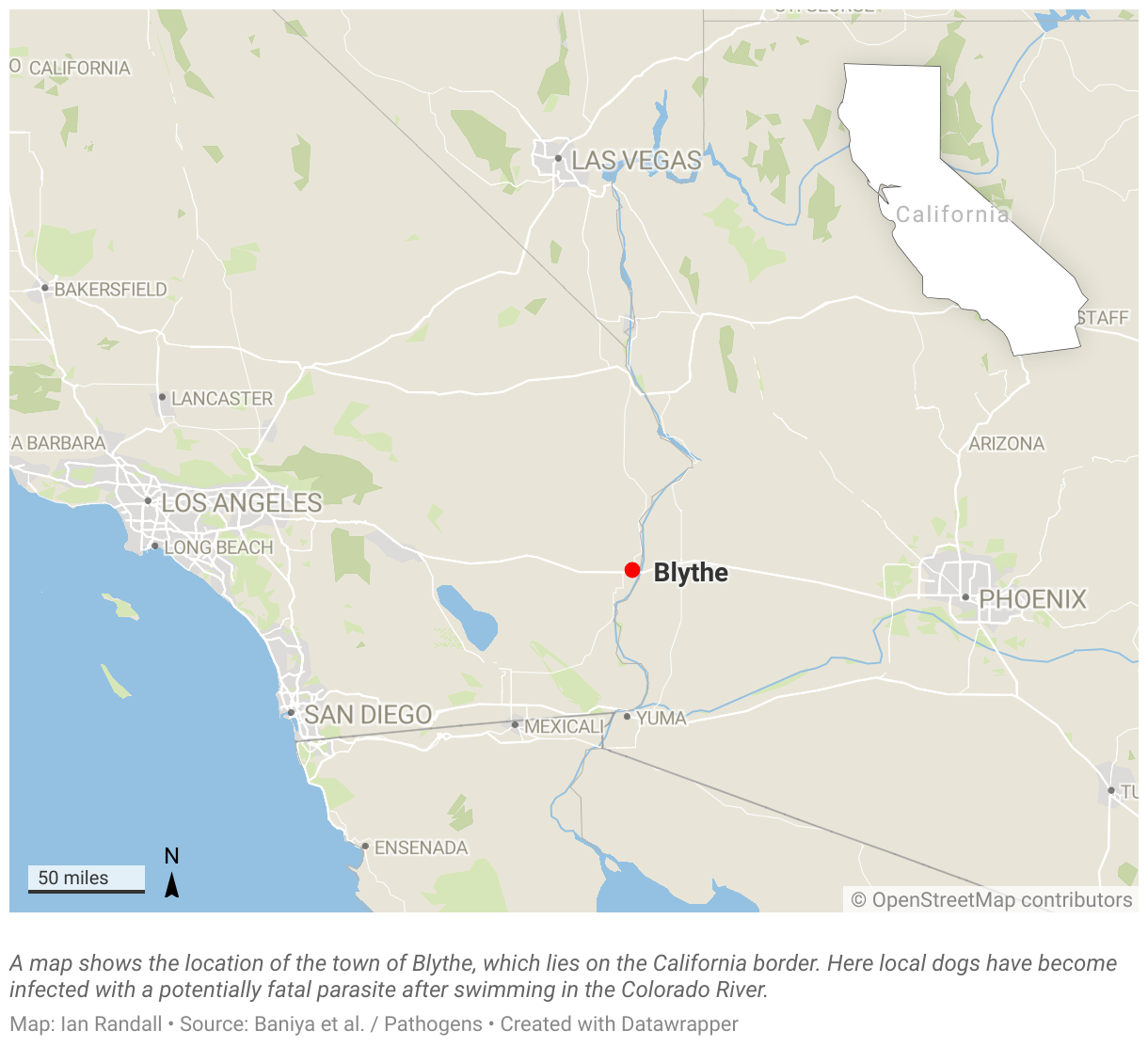 A map shows the location of the town of Blythe, which lies on the California border.