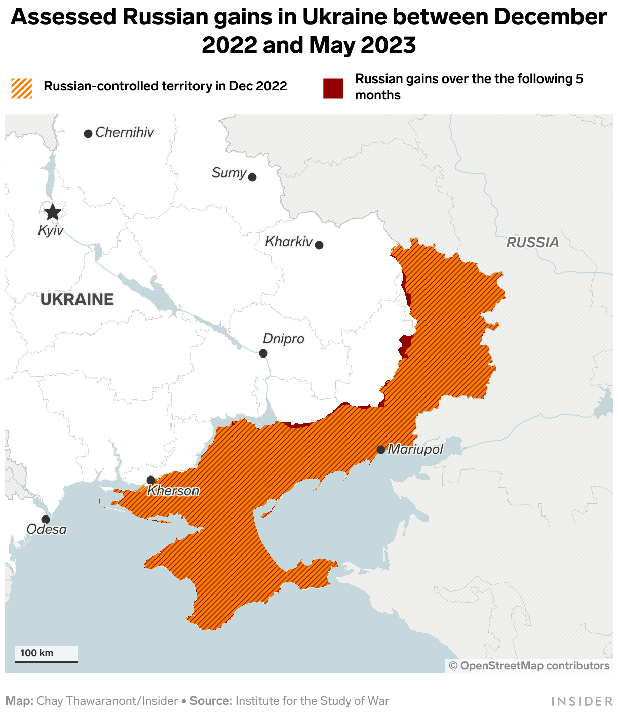 A map of Ukraine where the Russian controlled territory is highlighted.