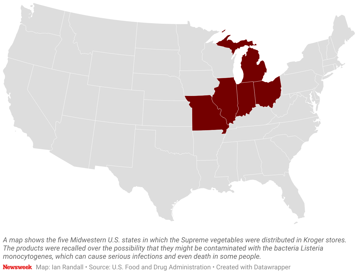 A map shows the five Midwestern U.S. states in which the Supreme vegetables were distributed in Kroger stores.