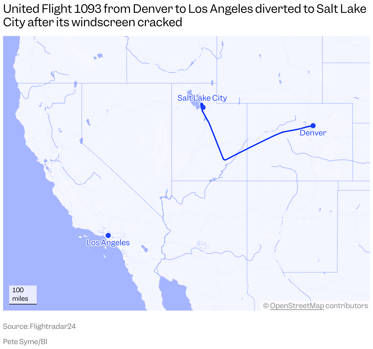 A map showing the path of United Flight 1093 on October 16, from Denver then diverting to Salt Lake City