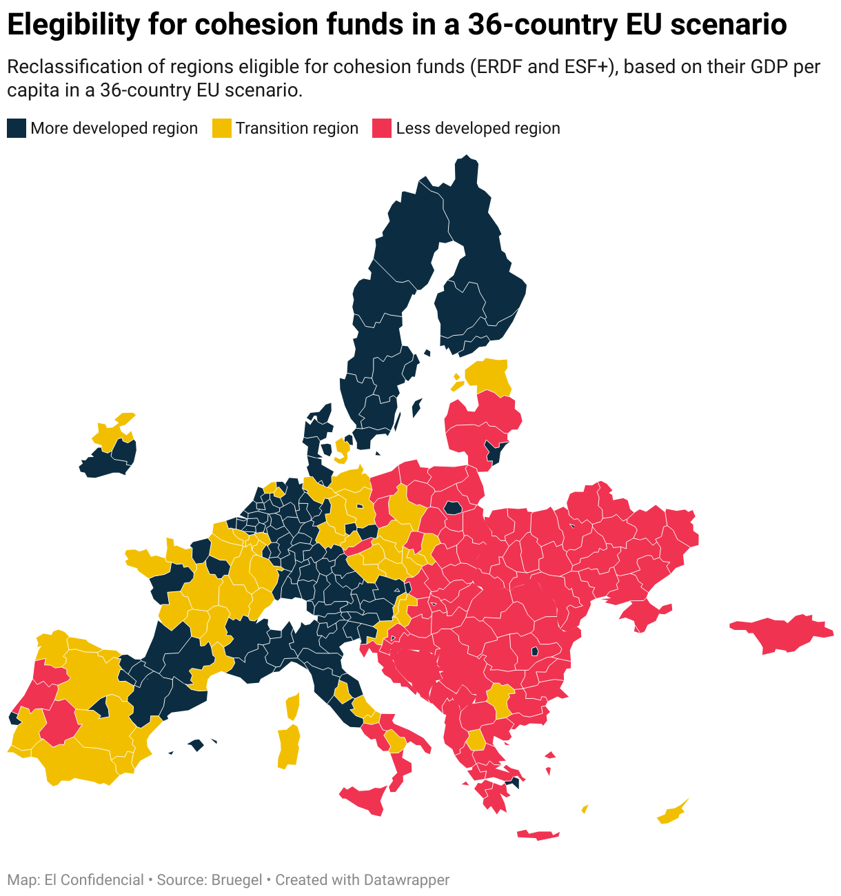 Elegibility for cohesion funds in a 36-country EU scenario (Choropleth map)