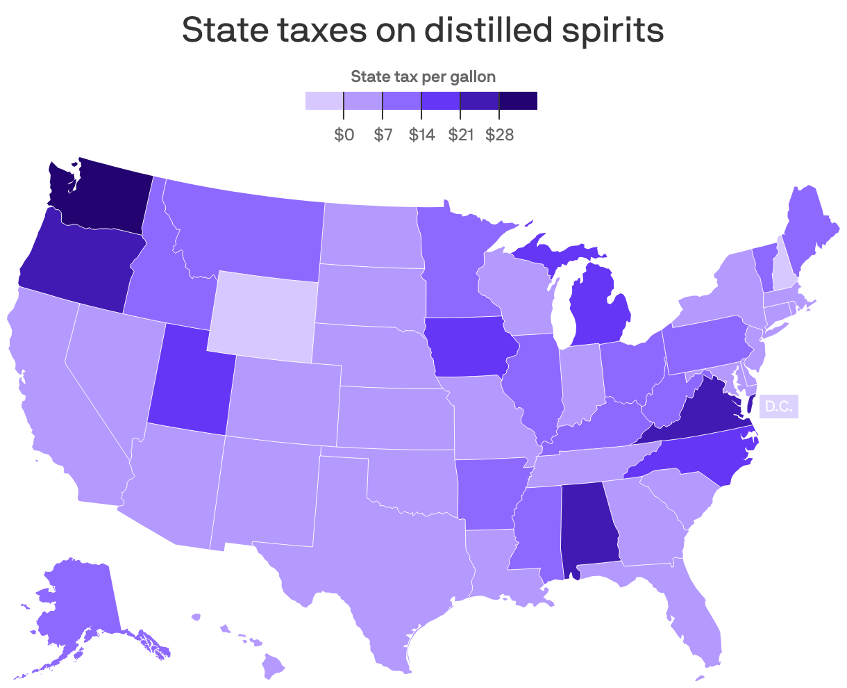Choropleth map showing state alcohol tax rates (distilled spirits tax per gallon) across the U.S. States are shaded in varying purple tones, indicating tax rates ranging from $7 to more than $36 per gallon. Darker shades represent higher tax rates, with states like Washington, Oregon and Virginia reflecting the highest rates.