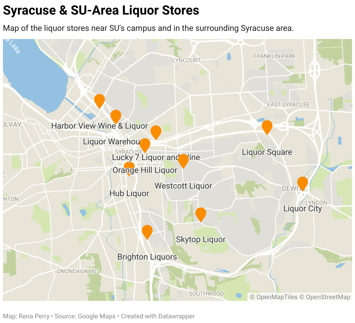 Map of the liquor stores near SU's campus and in the surrounding Syracuse area.