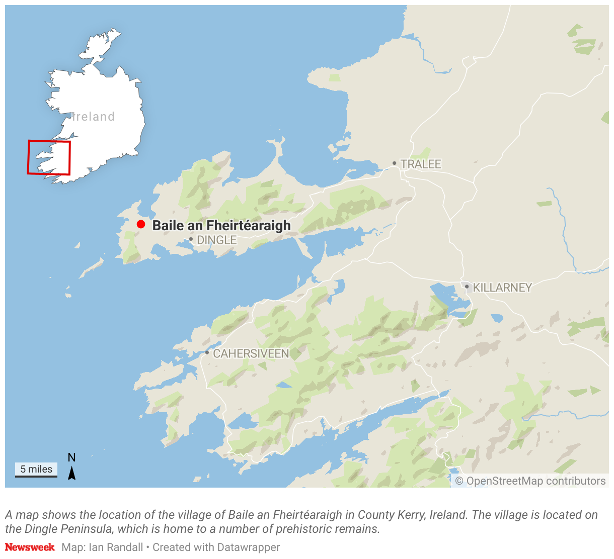 A map shows the location of the village of Baile an Fheirtéaraigh in County Kerry, Ireland.