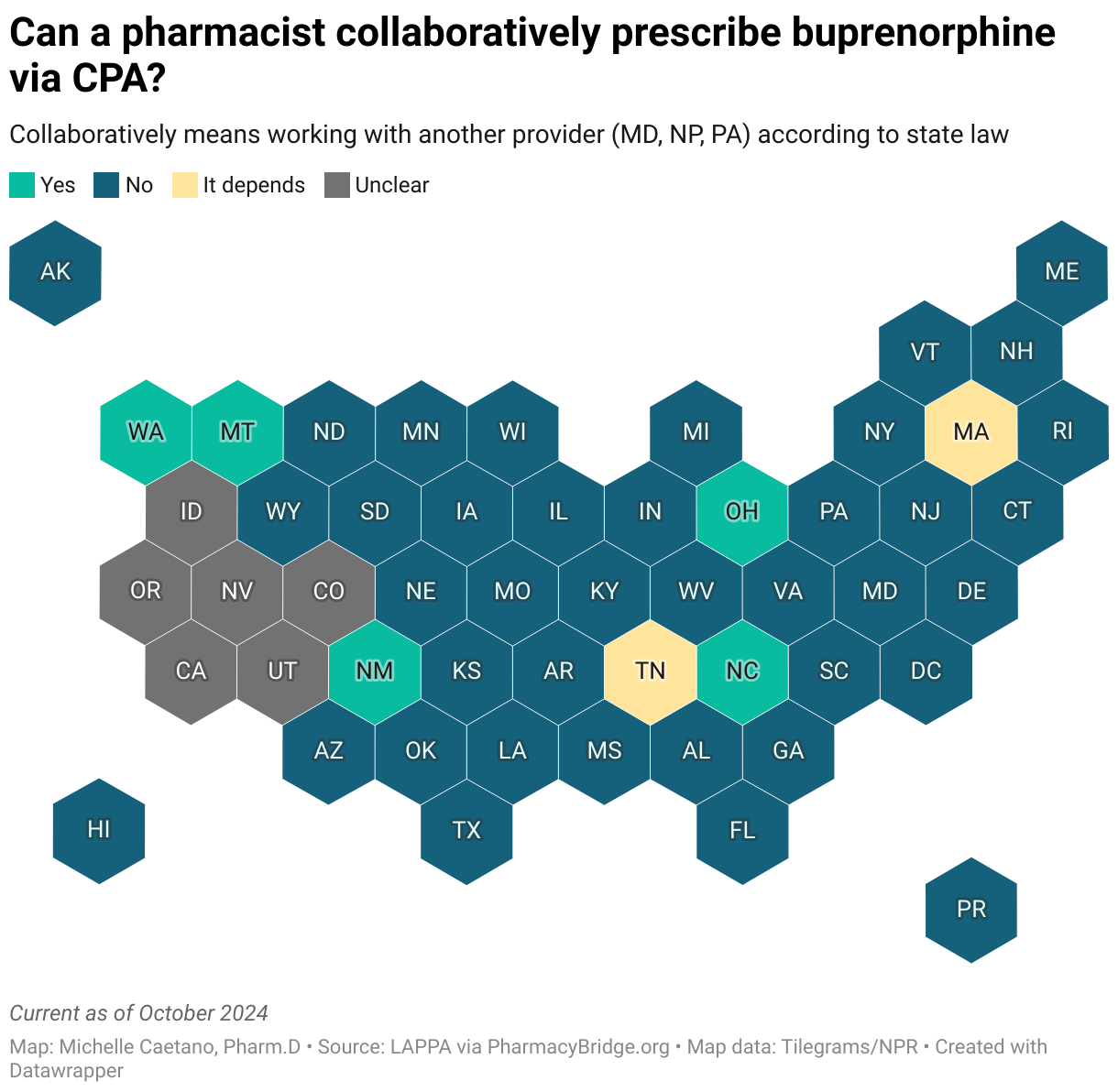 Can a pharmacist collaboratively prescribe buprenorphine via CPA? (Choropleth map)