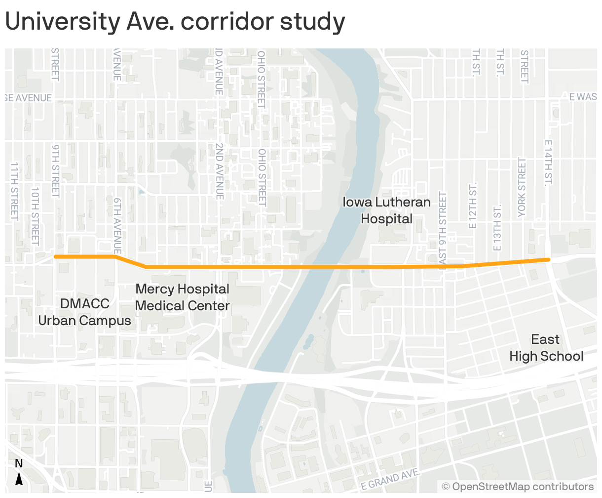 A map highlights the stretch of University Ave. in Des Moines that is being studied, from 9th street to the west to E. 14th St. on the east end. 