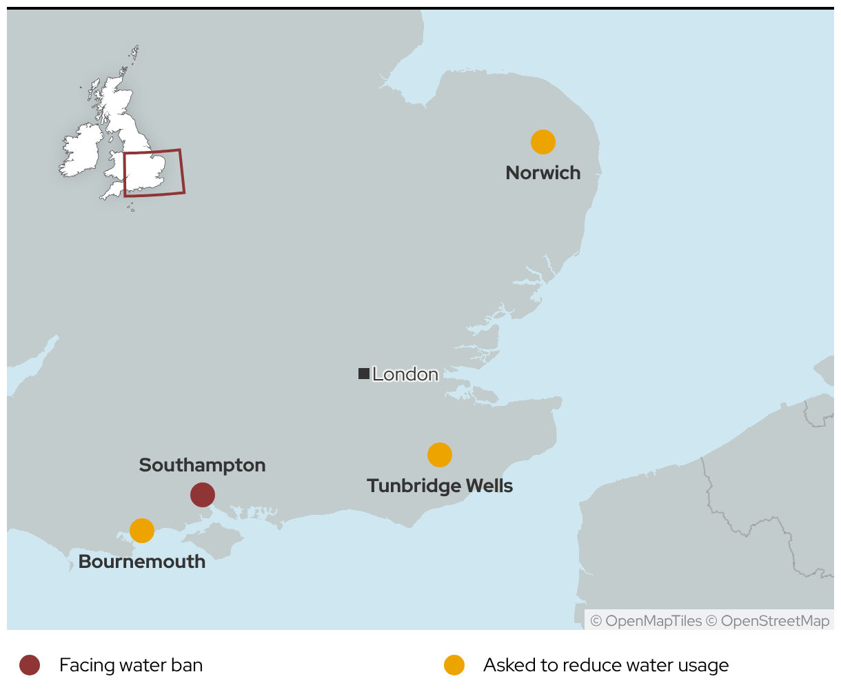 Areas facing water bans or asked to conserve water