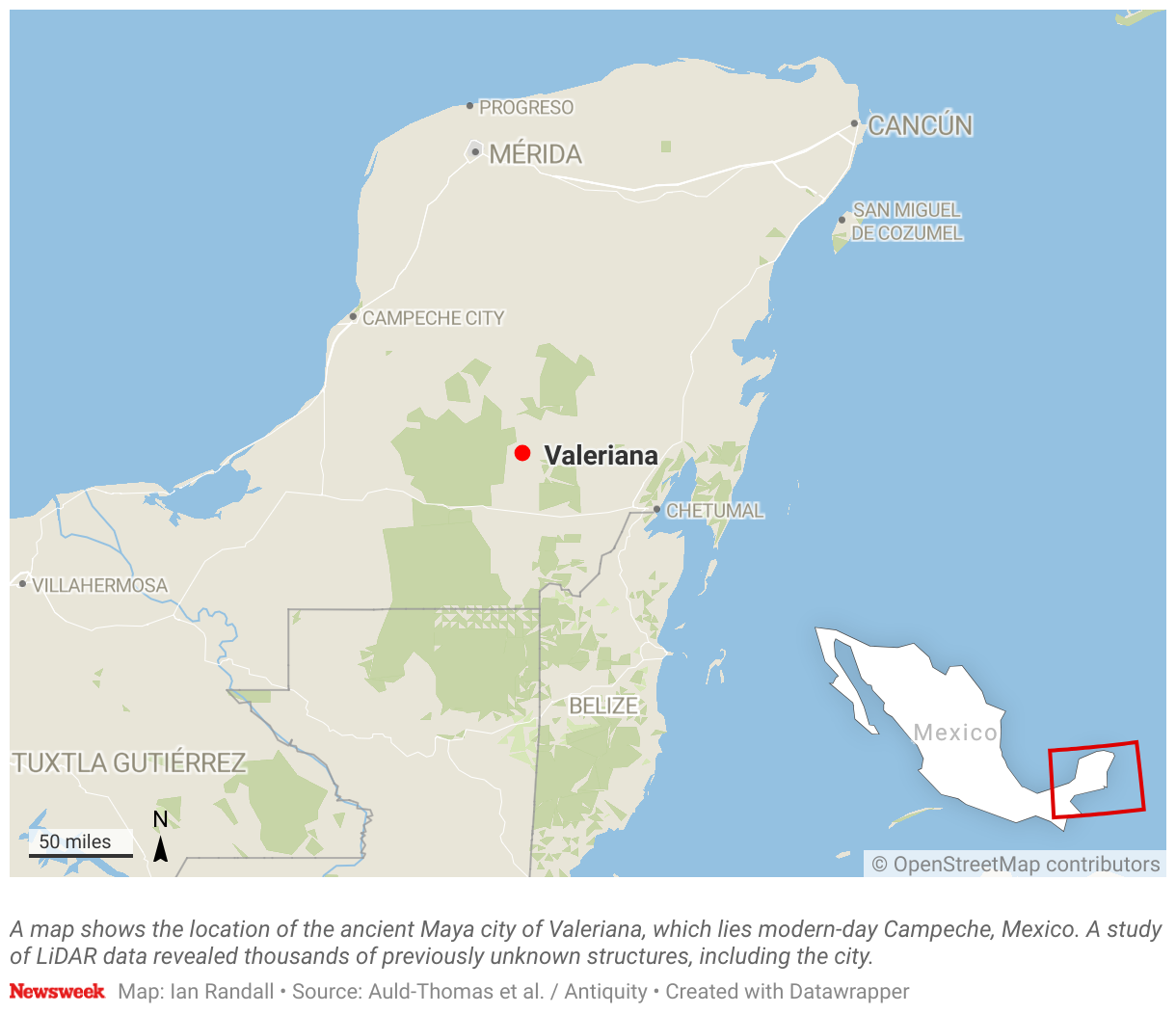 El mapa muestra la ubicación de la antigua ciudad maya de Valeriana, ubicada en la moderna ciudad de Campeche, México.