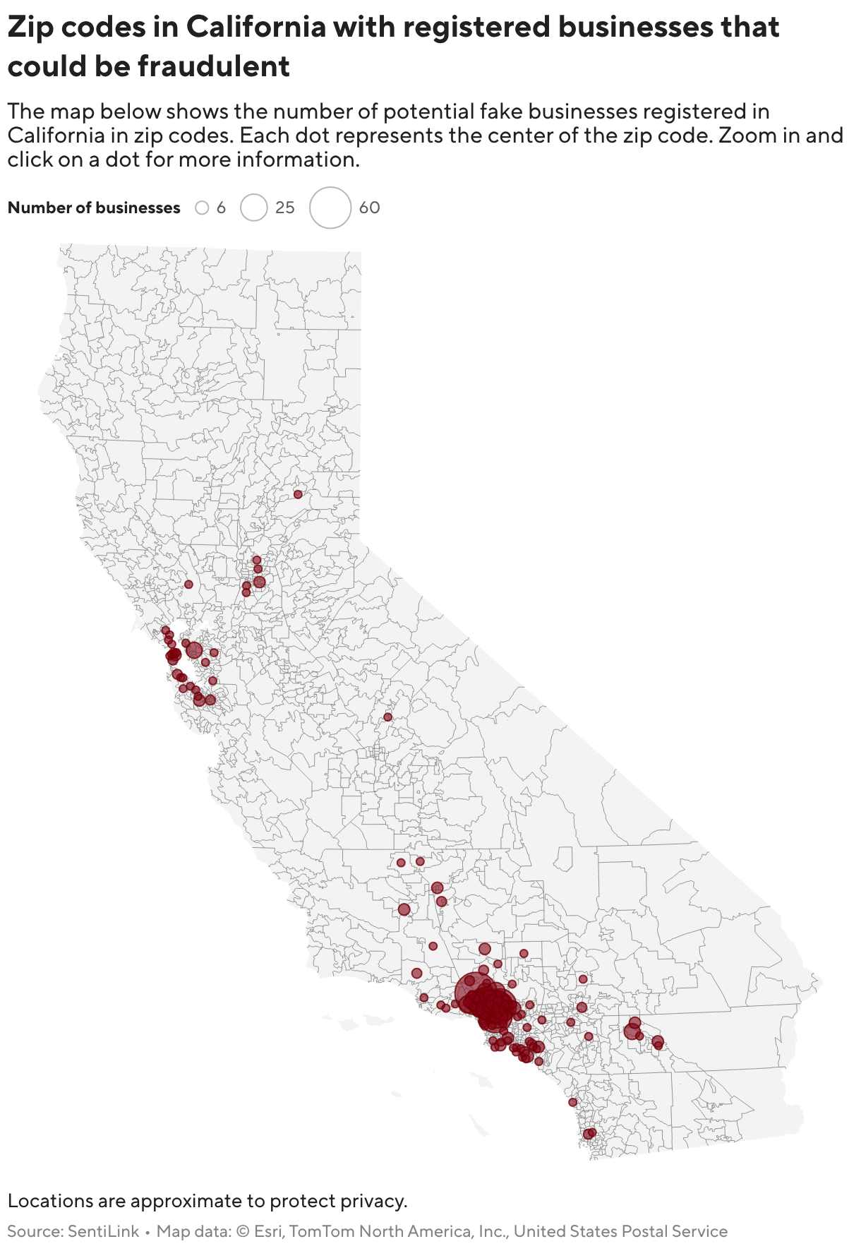 Zip codes in California with registered businesses that could be fraudulent (Symbol map)