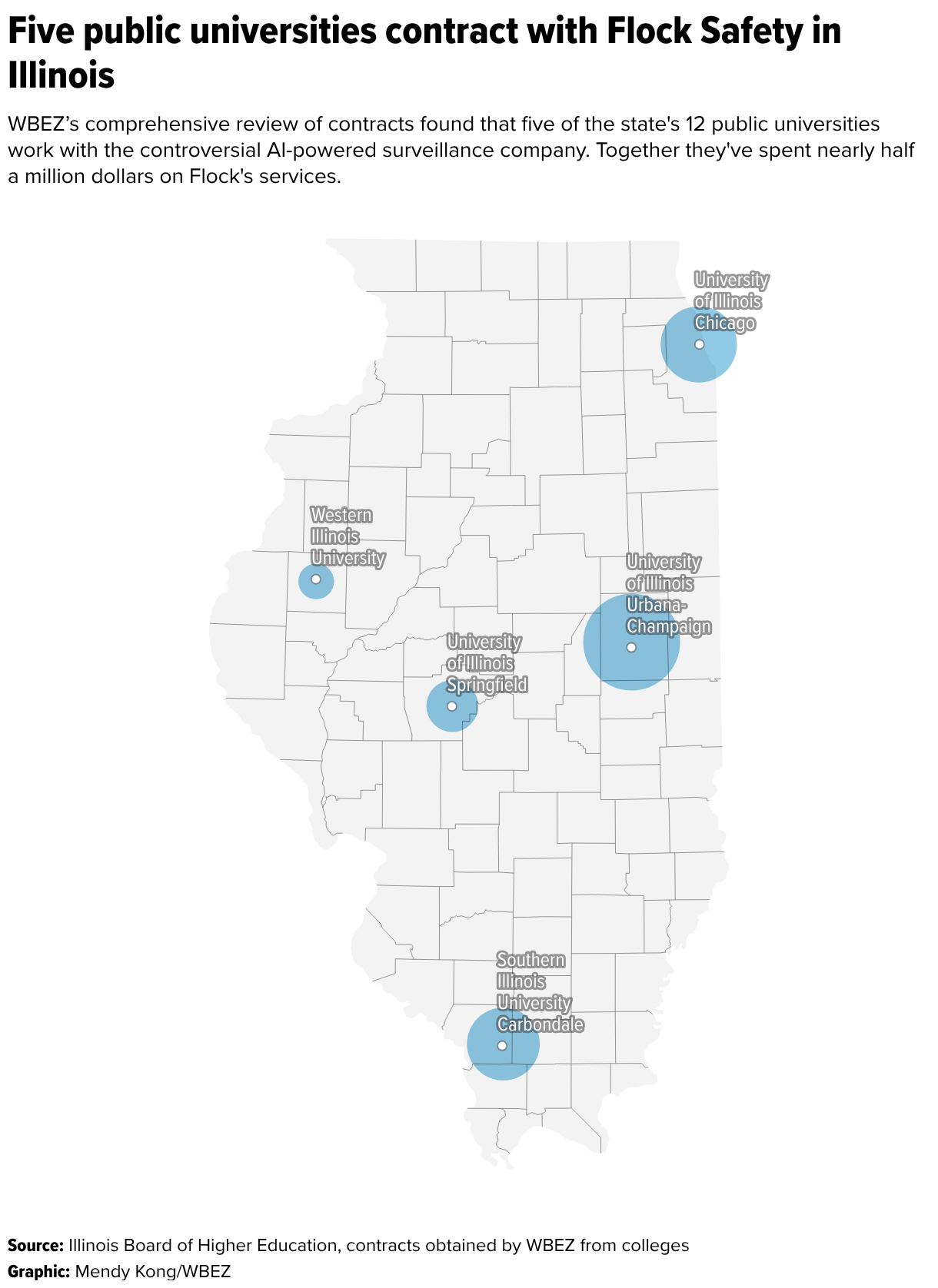 Five public universities contract with Flock Safety in Illinois (Symbol map)