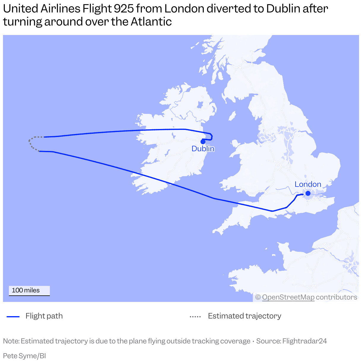 A map of the British Isles shows the flight path of United Airlines Flight 925 on November 19, 2025, which took off from London then diverted to Dublin after turning around over the Atlantic Ocean