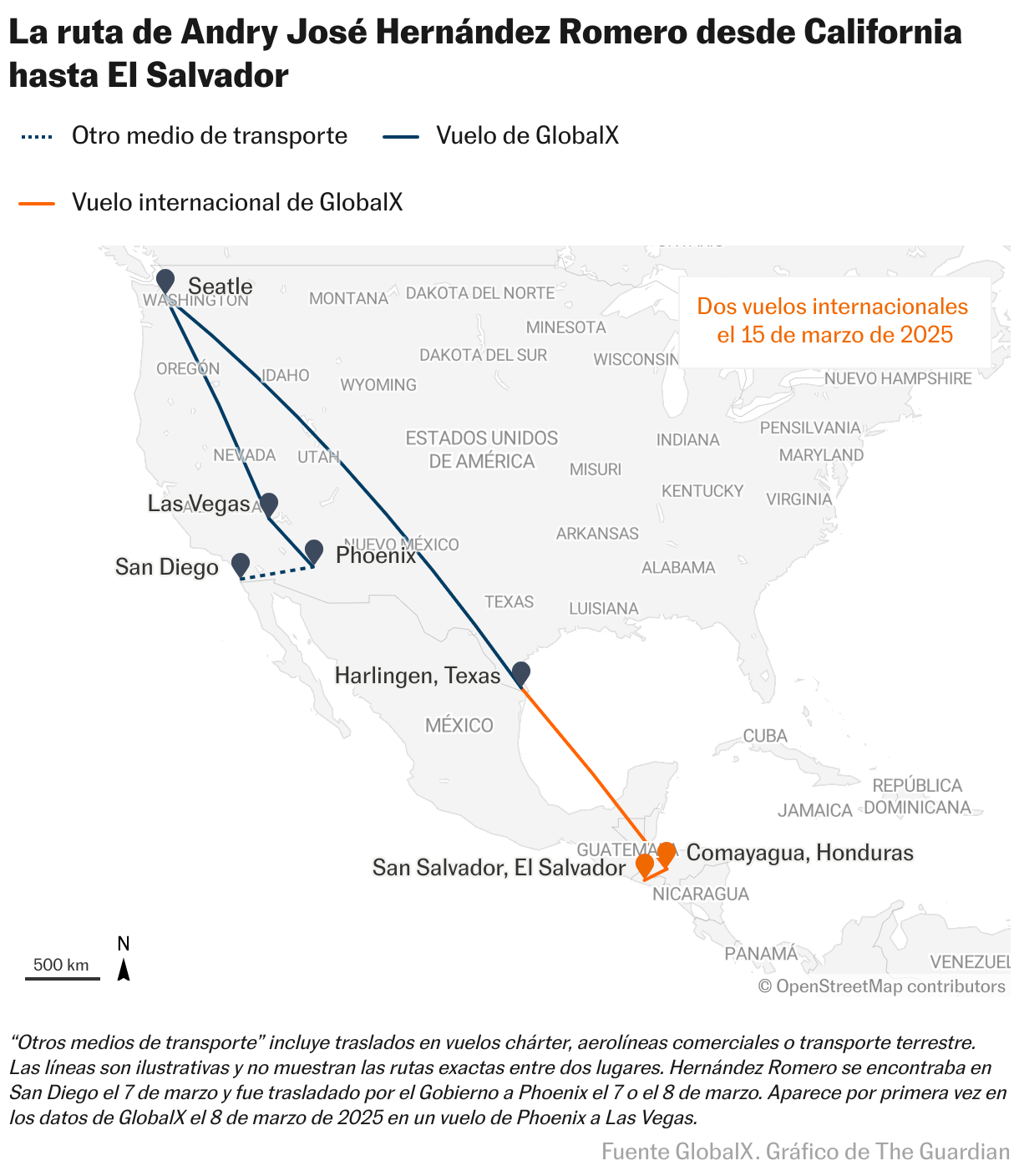 La ruta de Andry José Hernández Romero desde California hasta El Salvador (Mapas de ubicación)