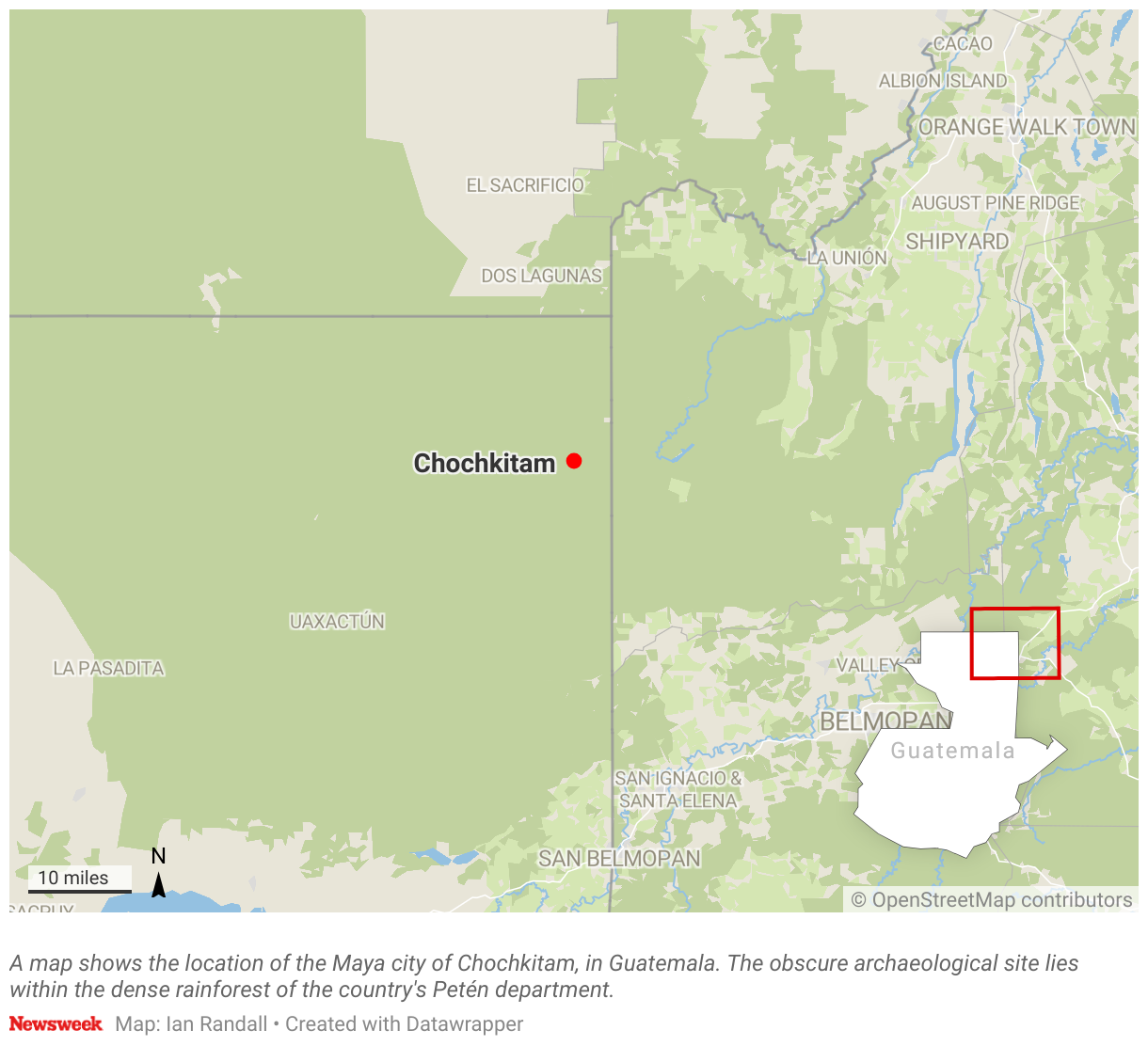 A map shows the location of the Maya city of Chochkitam, Guatemala.