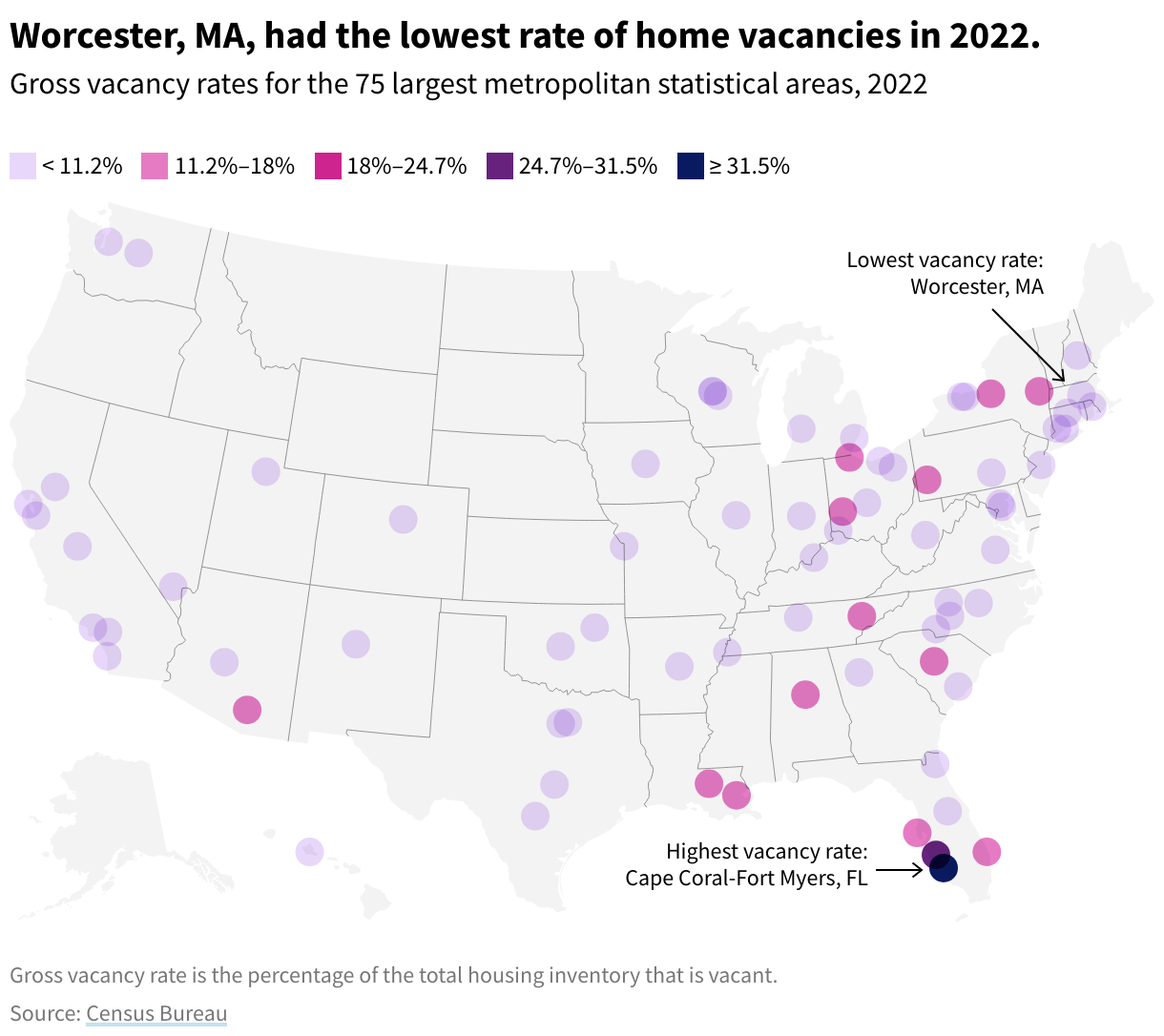 Map showing gross vacancy rates in the largest 75 metropolitan statistical areas in 2022