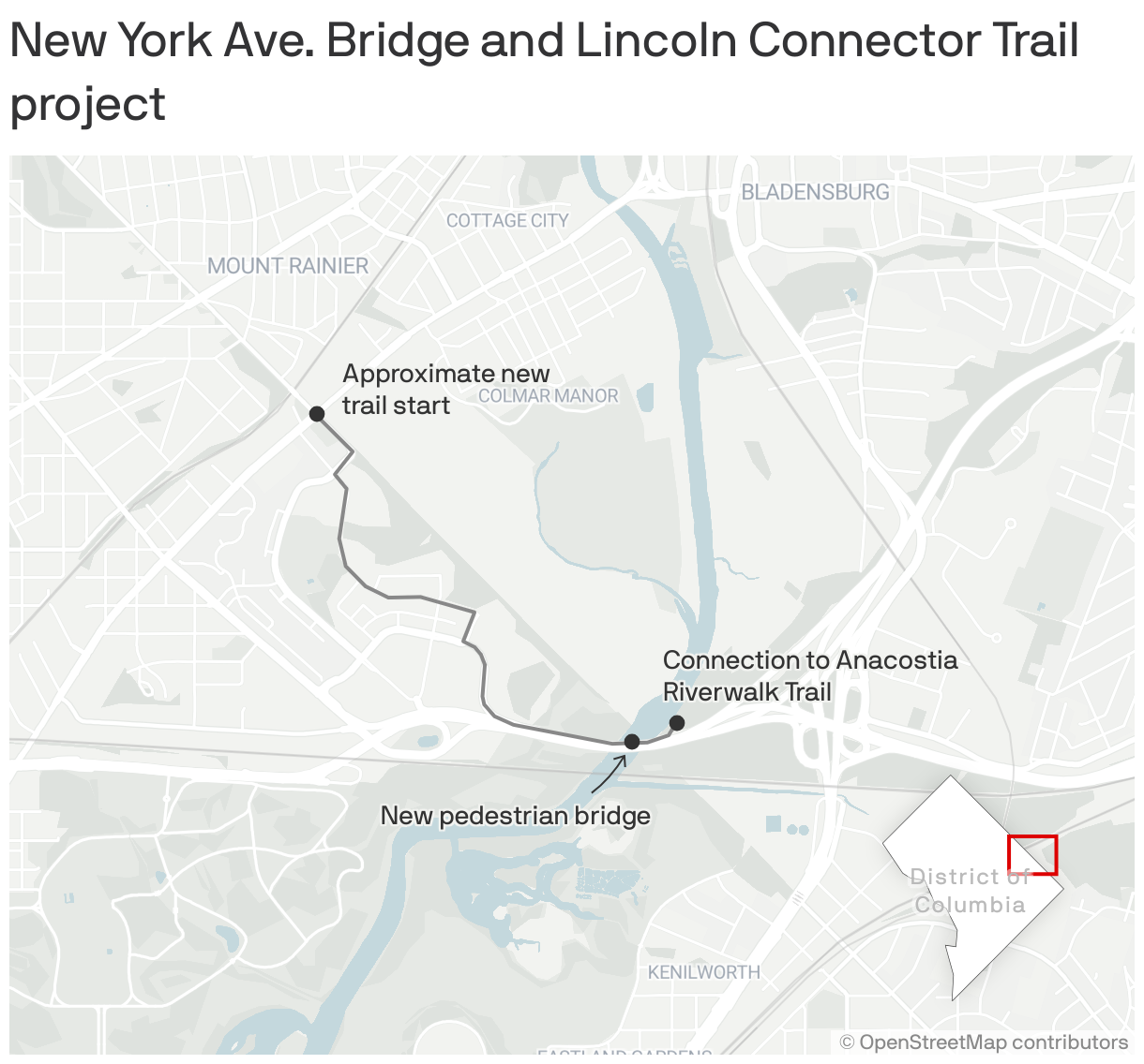 A map showing the location of the New York Ave. Bridge and Lincoln Connector Trail project at the Washington, D.C. and Maryland border, including the approximate trail start, the new pedestrian bridge over the Anacostia, and the connection to the Anacostia Riverwalk Trail.