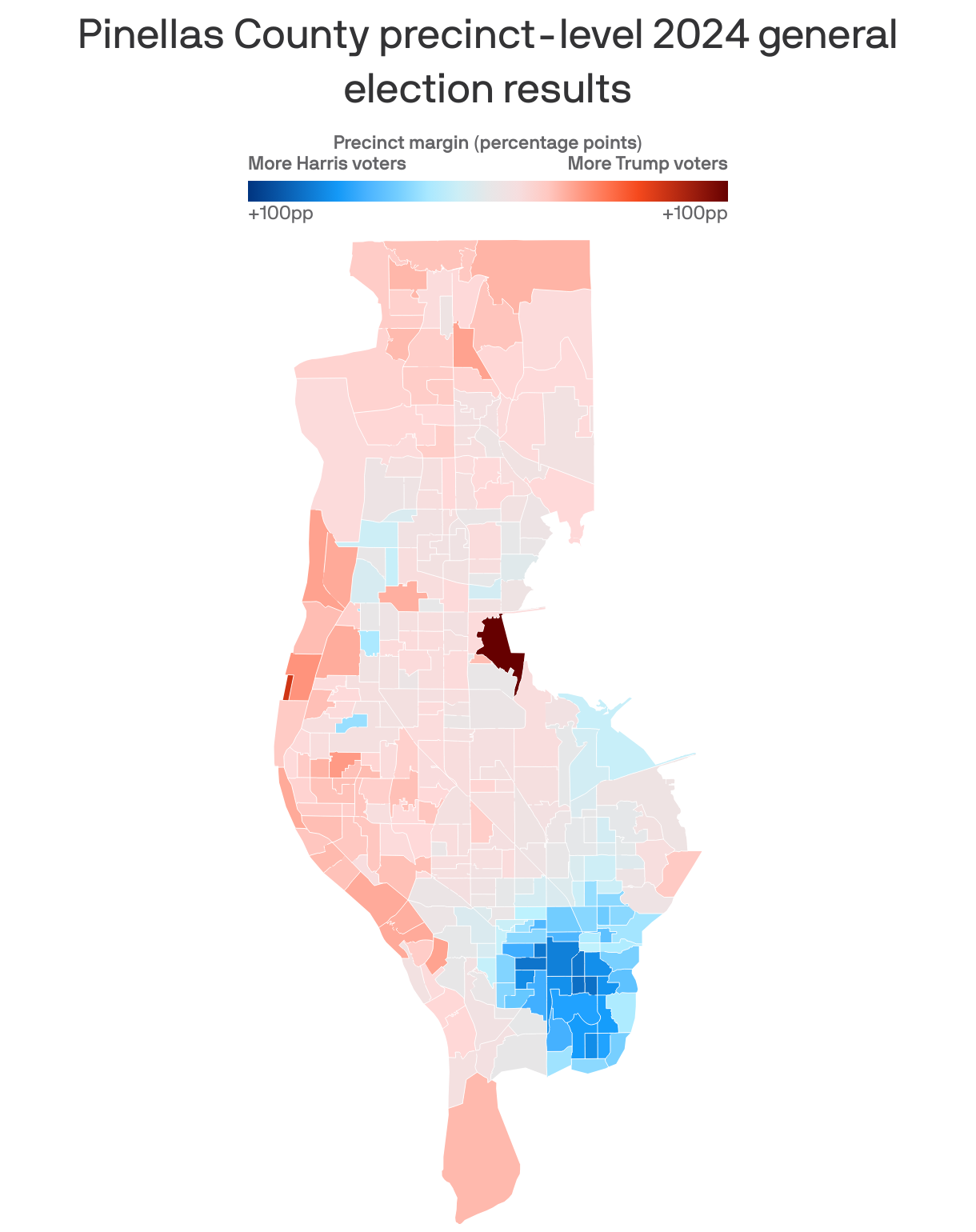 Map of Pinellas County showing precinct-level results for the 2024 general election. The color gradient indicates voter preference: blue shades represent areas with more Harris voters, while red shades indicate areas with more Trump voters. Areas in dark red show strong Trump support, with margins exceeding +100 percentage points. Light colors signify closer margins.