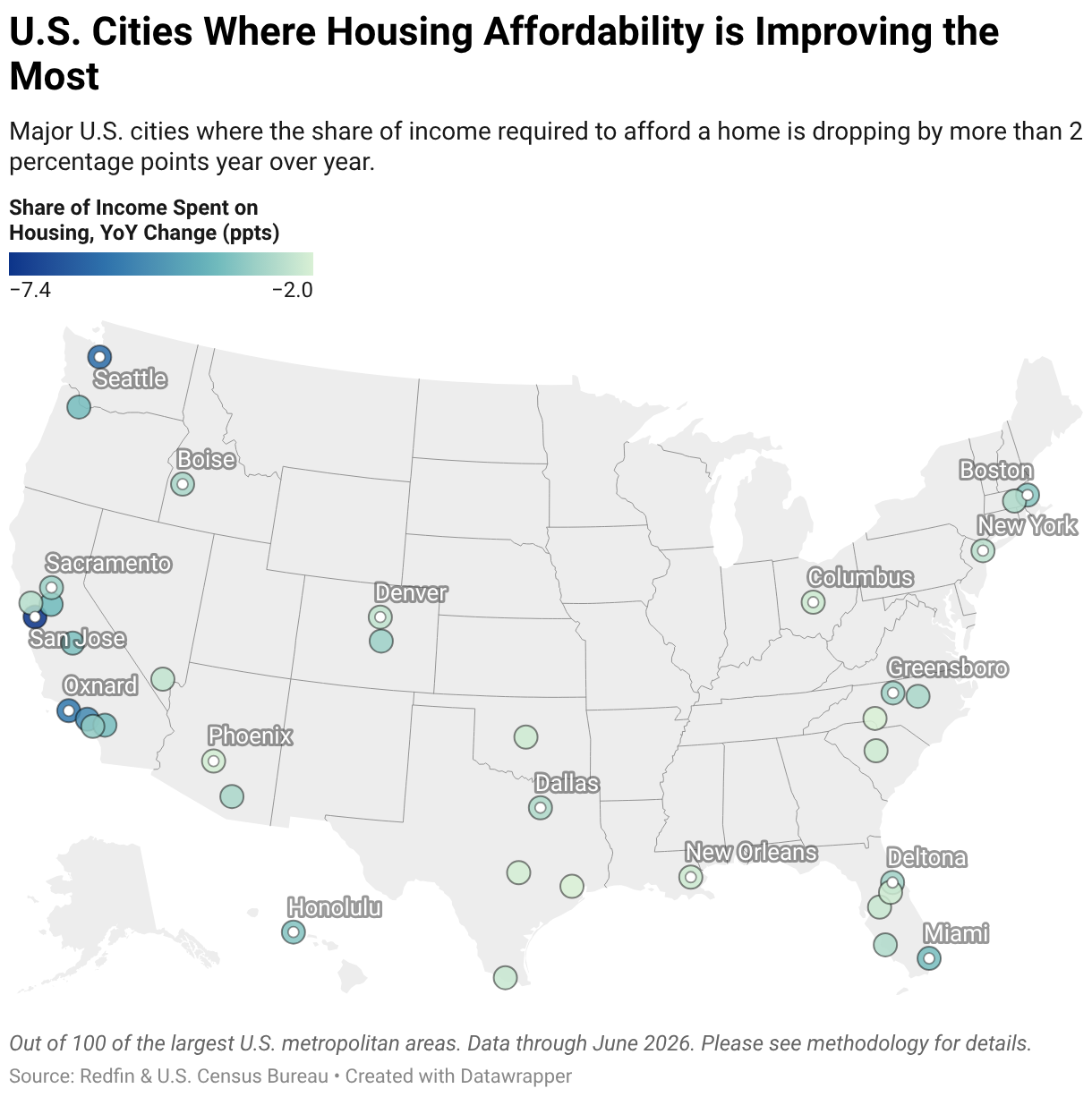 A map showing U.S. cities where housing is becoming more affordable.
