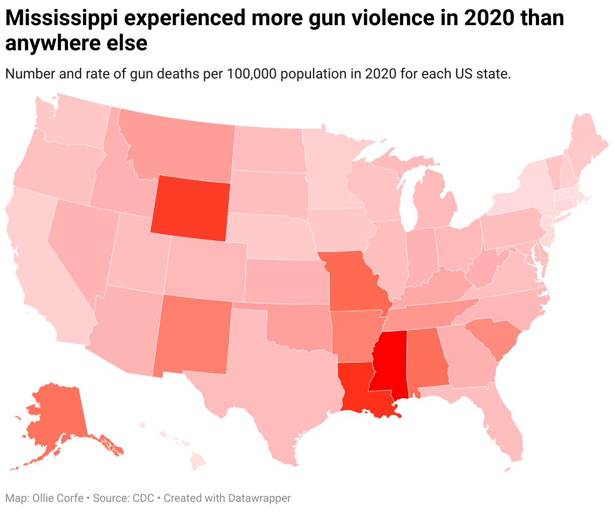 Map of US gun violence rates.