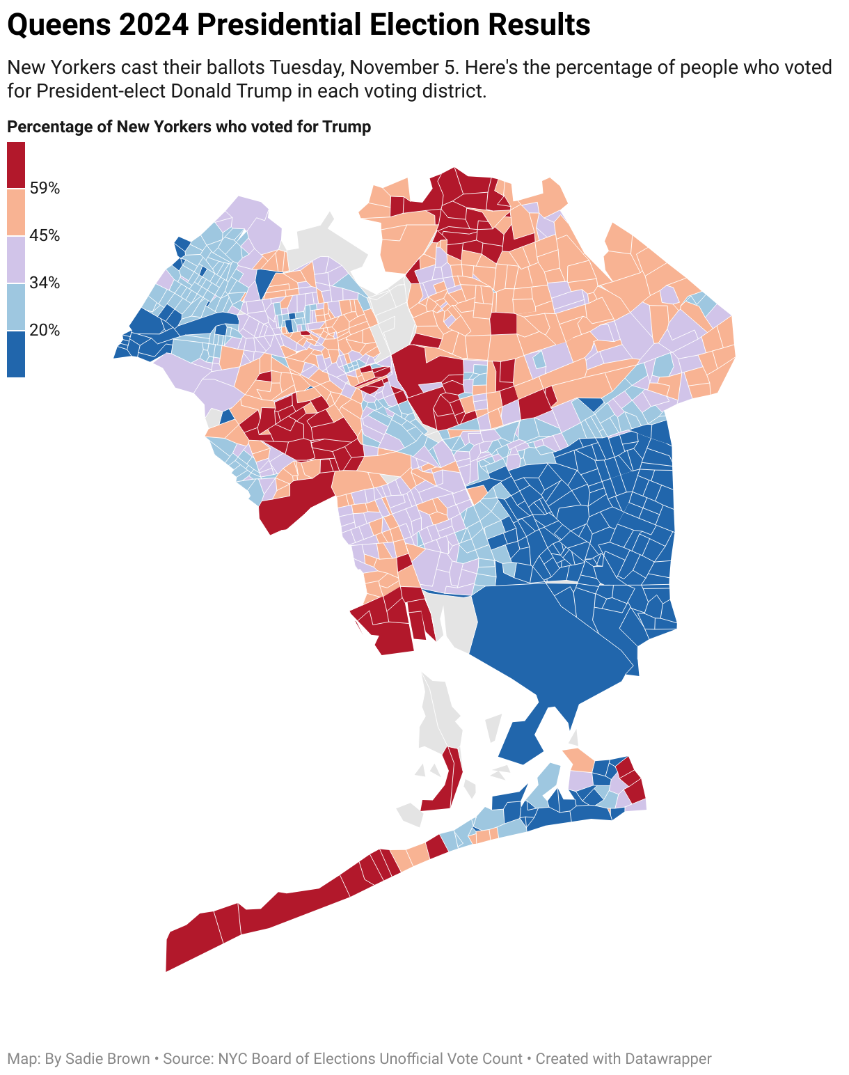 This map shows the percentage of votes cast for the republican presidential candidate in New York City's 2024 presidential election by voting district. Districts where the percentage of republican votes were below 34% are shaded either light or dark blue. Districts with more than 45%% of voters that cast a ballot for the republican candidate are shaded either light or dark red. Districts where between 34% and 45% of people voted republican are shaded purple. 