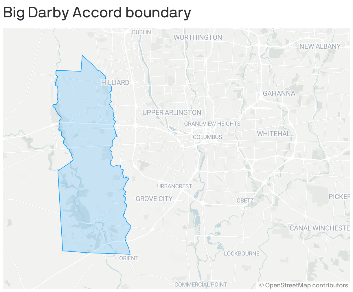 A locator map showing the Big Darby Accord boundary, which is west of Columbus. 