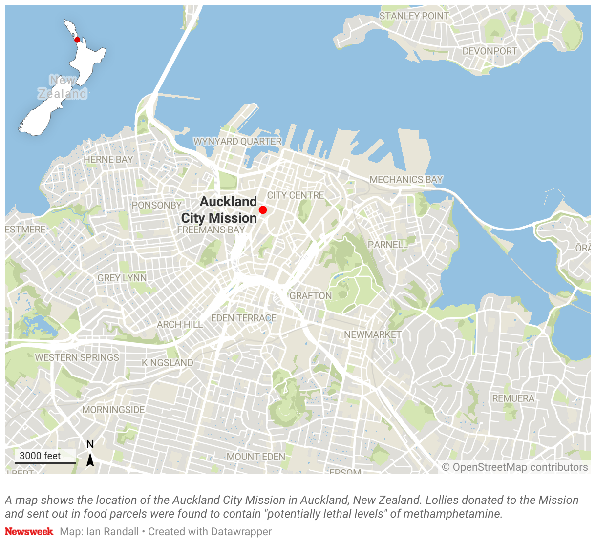 A map shows the location of the Auckland City Mission in Auckland, New Zealand. Lollies donated to the Mission and sent out in food parcels were found to contain 