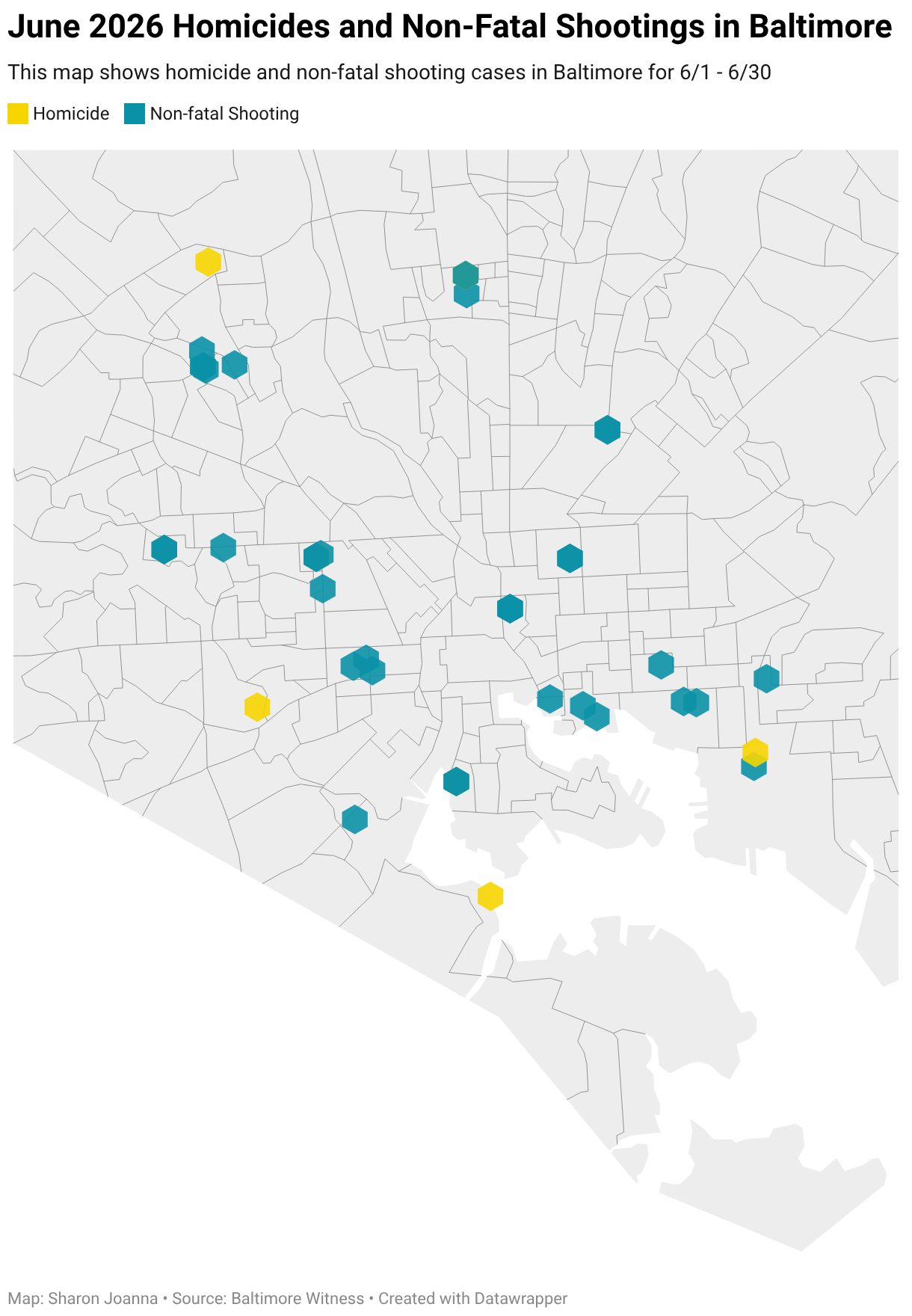 June 2026 Homicides and Non-Fatal Shootings in Baltimore (Symbol map)