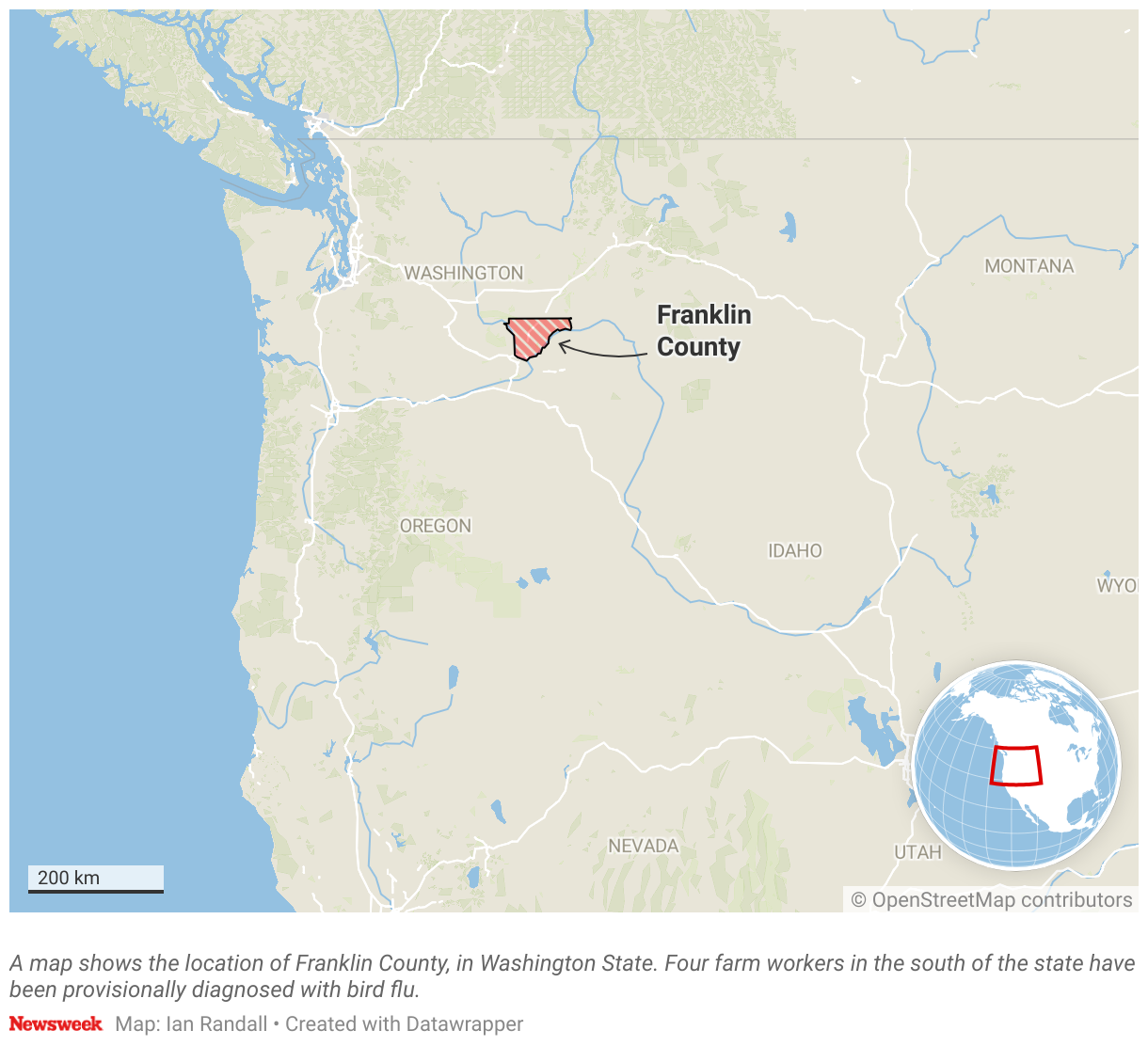 Map showing the location of Franklin County, in Washington State. Four farm workers in the south of the country have been diagnosed with bird flu.