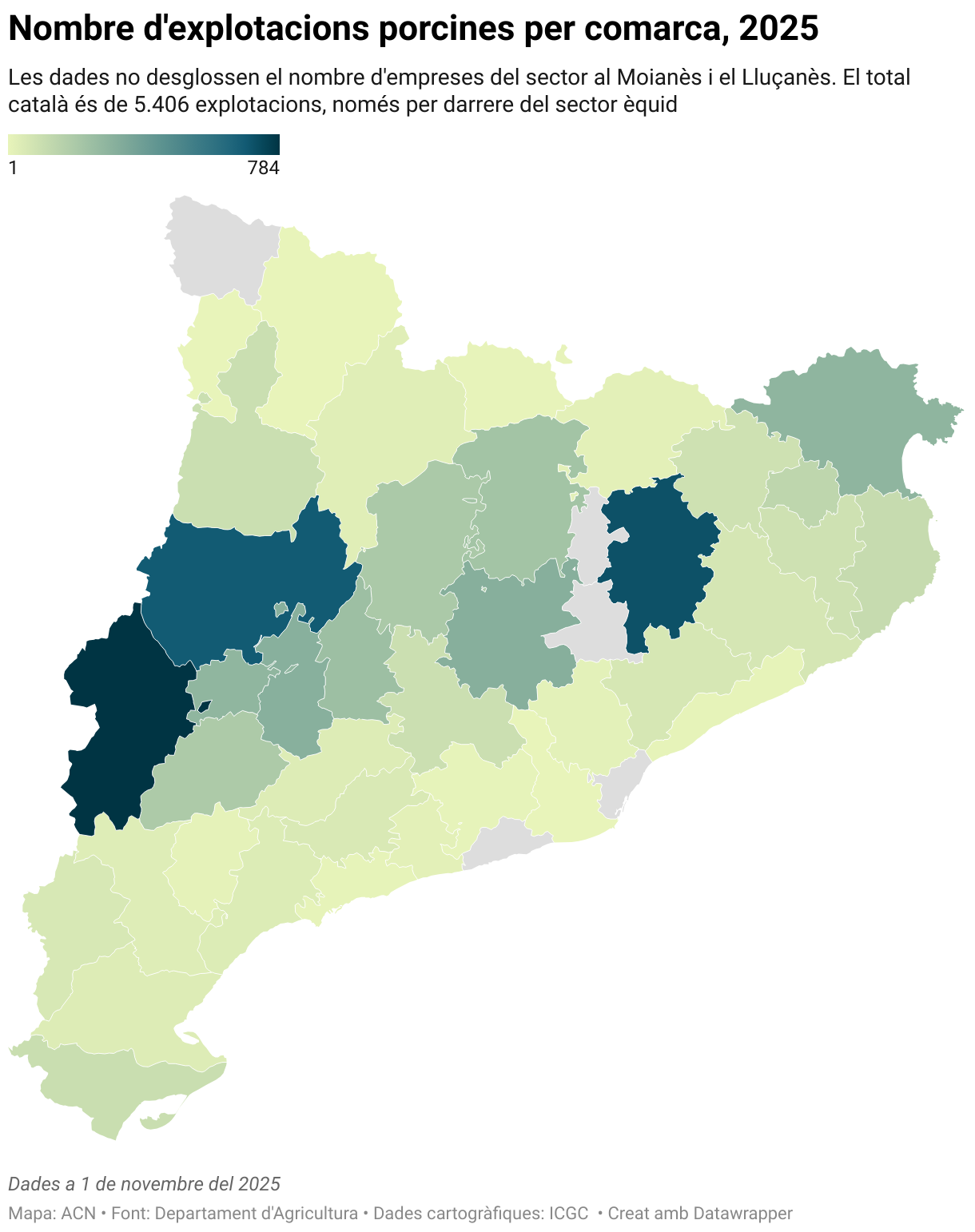 Nombre d'explotacions porcines per comarca, 2025 (Choropleth map)