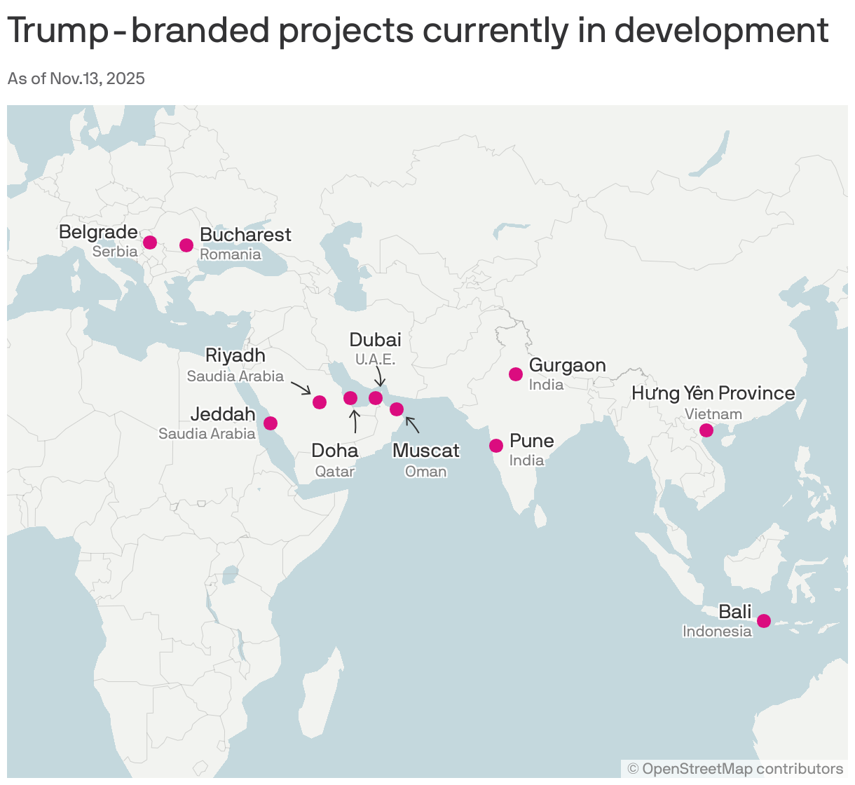 A map showing Trump-branded projects currently in development. There are 11 such projects in locations such as Eastern Europe, the Middle East, India, Vietnam and Indonesia.