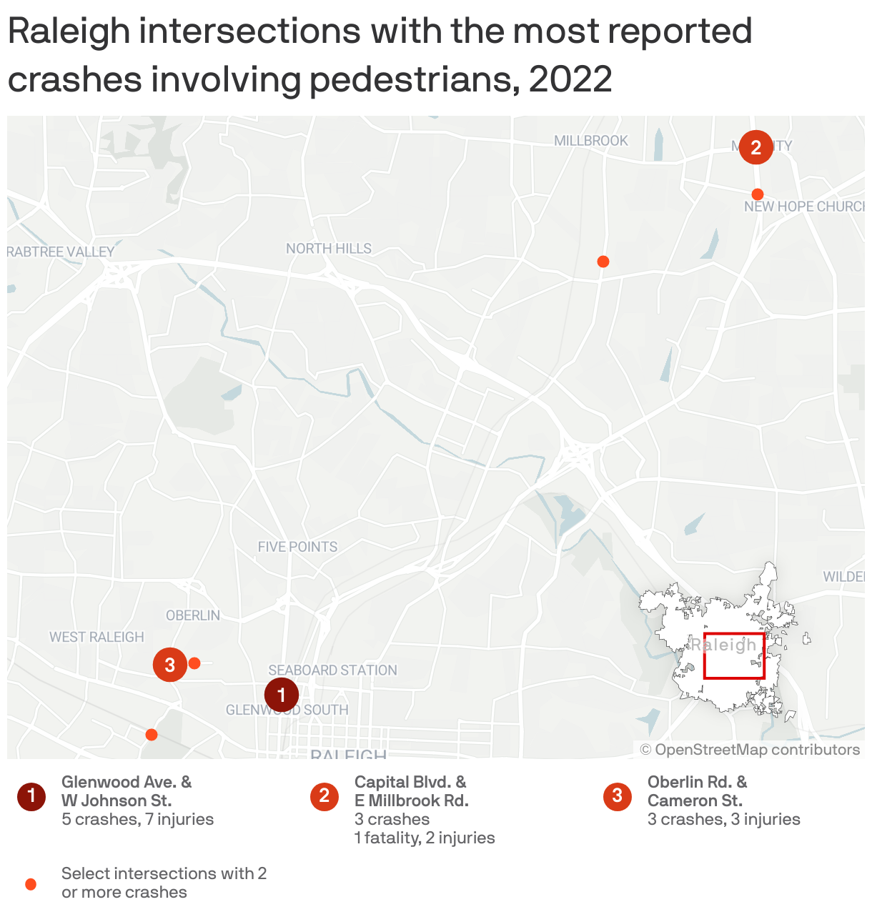 Raleigh intersections with the most reported crashes involving pedestrians, 2022