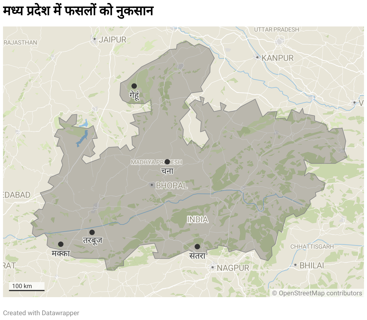 मध्य प्रदेश में फसलों को नुकसान (Locator map)