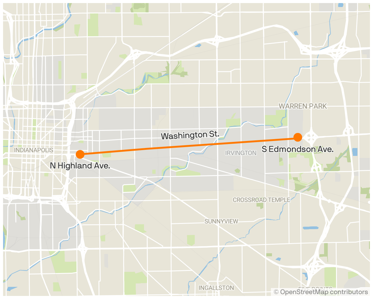 Map showing the stretch of Washington Street in Indianapolis where work will be done to improve the road. The area of Washington Street runs from North Highland Avenue to South Edmondson Avenue. 