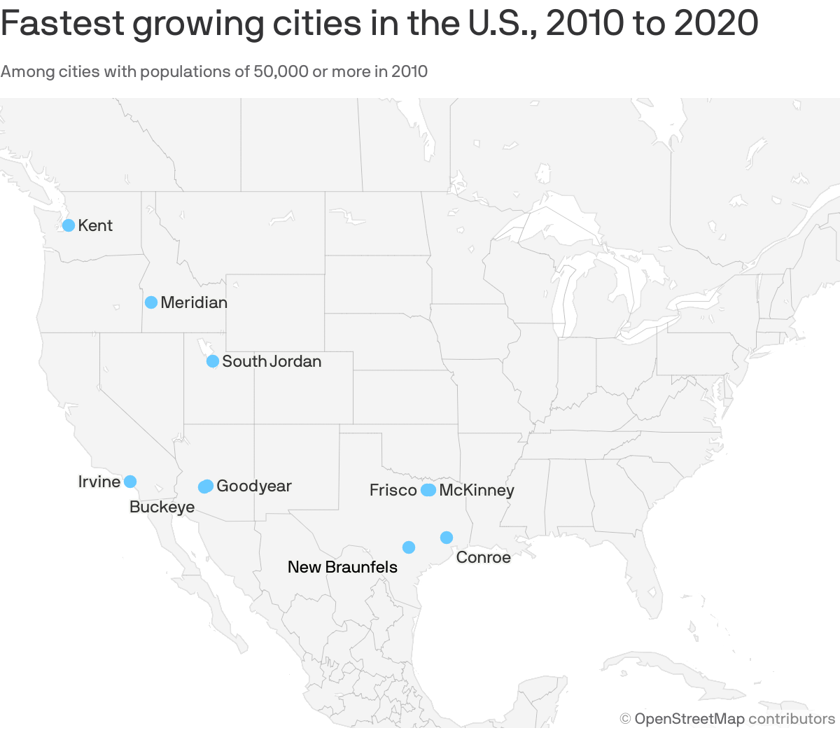 Fastest growing cities in the U.S., 2010 to 2020