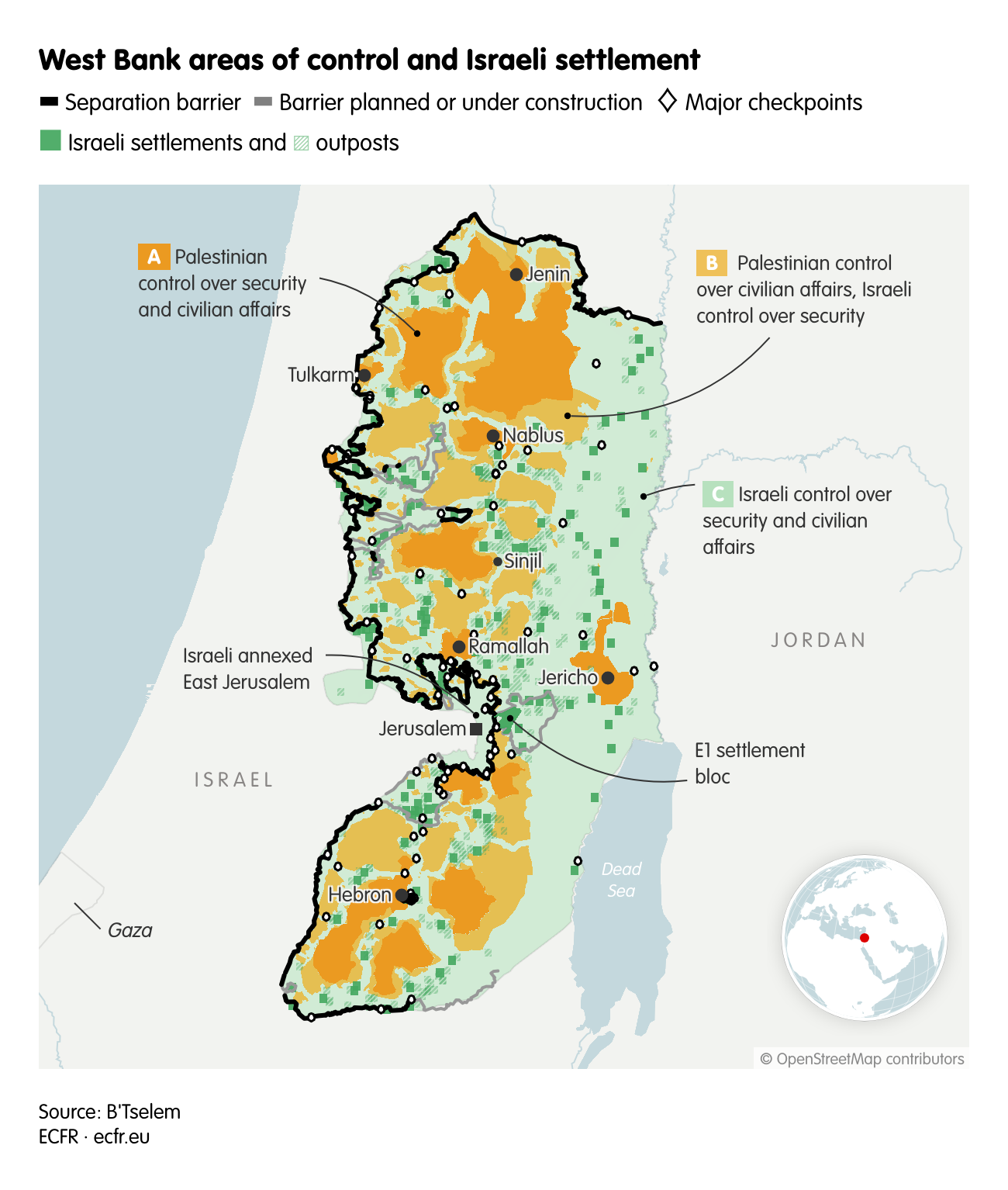 West Bank areas of control and Israeli settlement