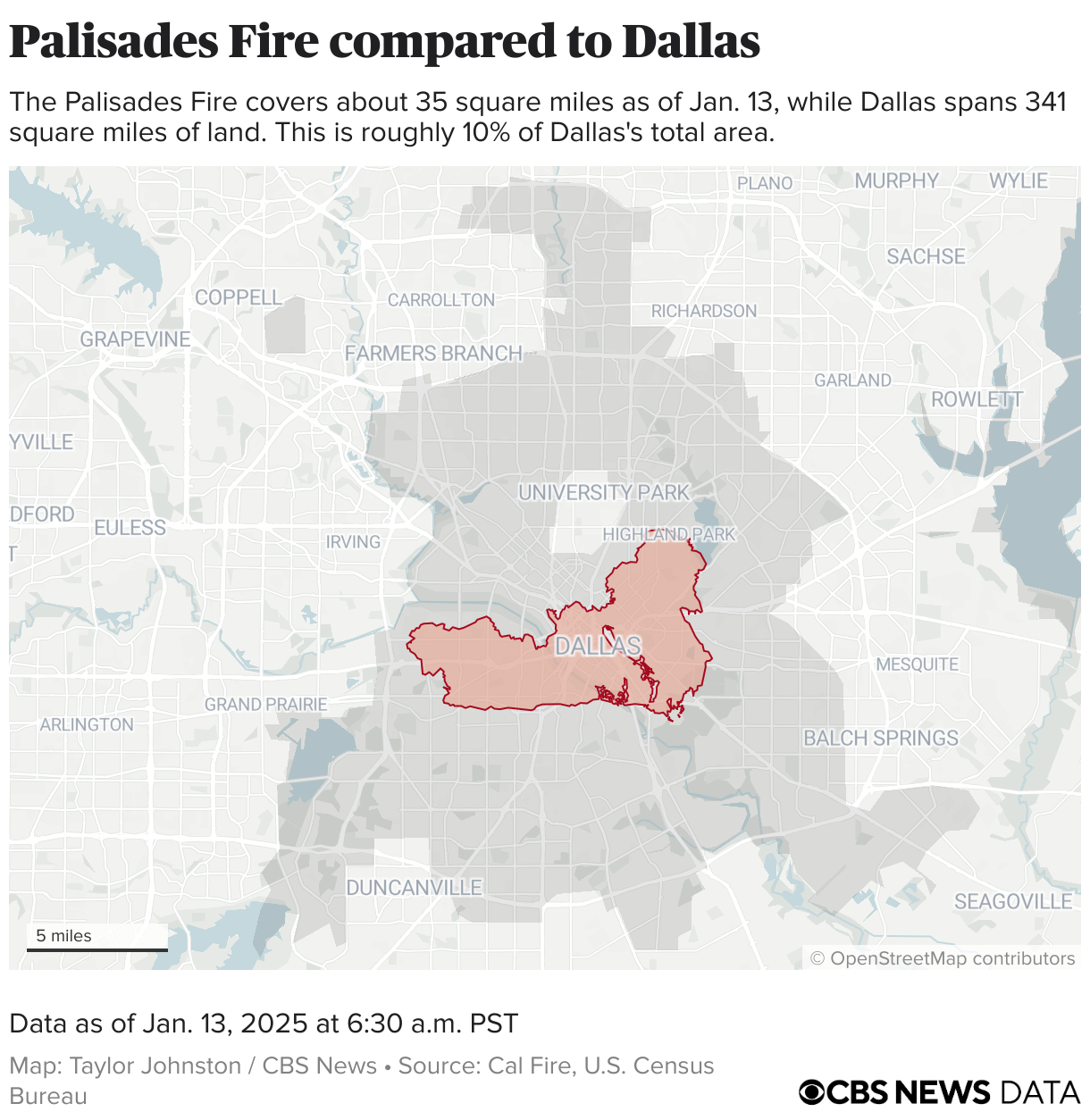 Perimeter of the Palisades Fire placed on the city of Dallas.