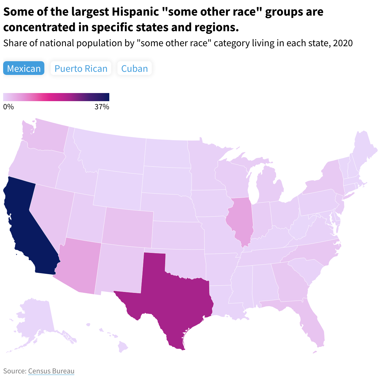 A US map which states colored by the percentages of "some other race" subcategories living in that state. Map can be toggled to show Mexican, Puerto Rican, or Cuban subcategory