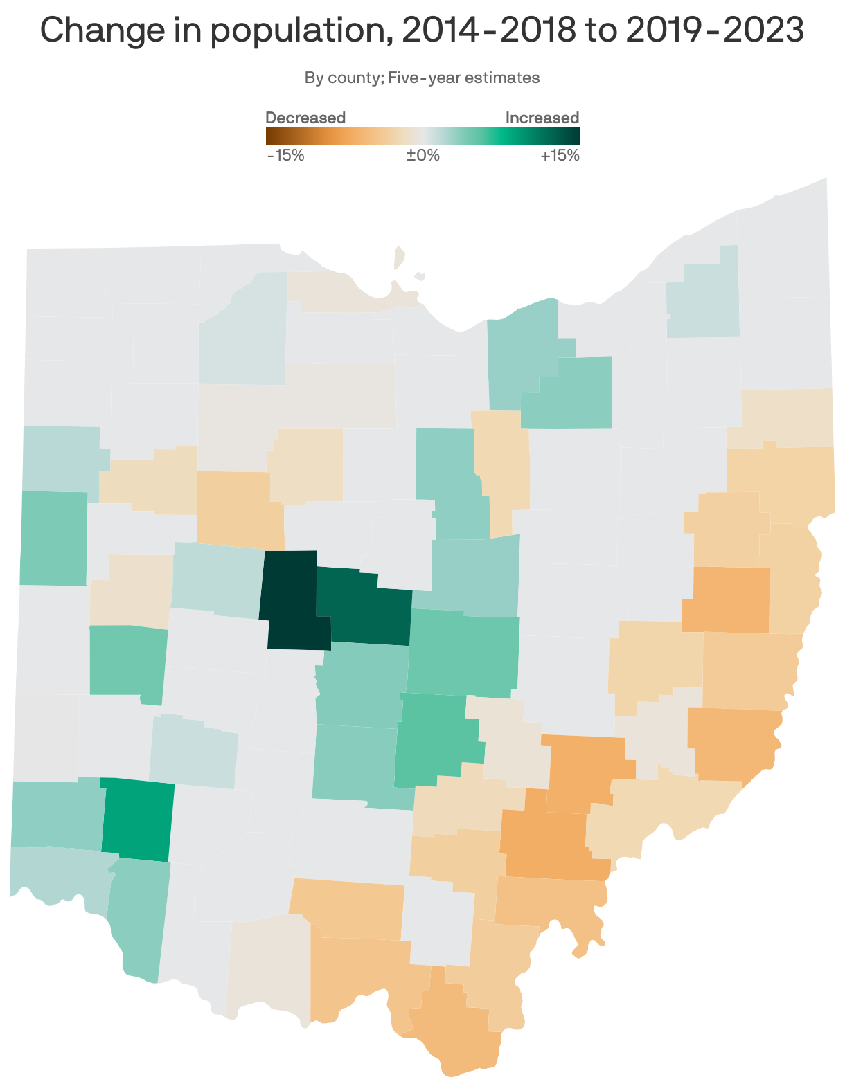 A choropleth map of Ohio counties showing population change from 2018 to 2023. Overall, population in the state increased by 1.2%. Union County grew by 17%, the biggest increase in the state. Athens County decreased the most, by 7%.